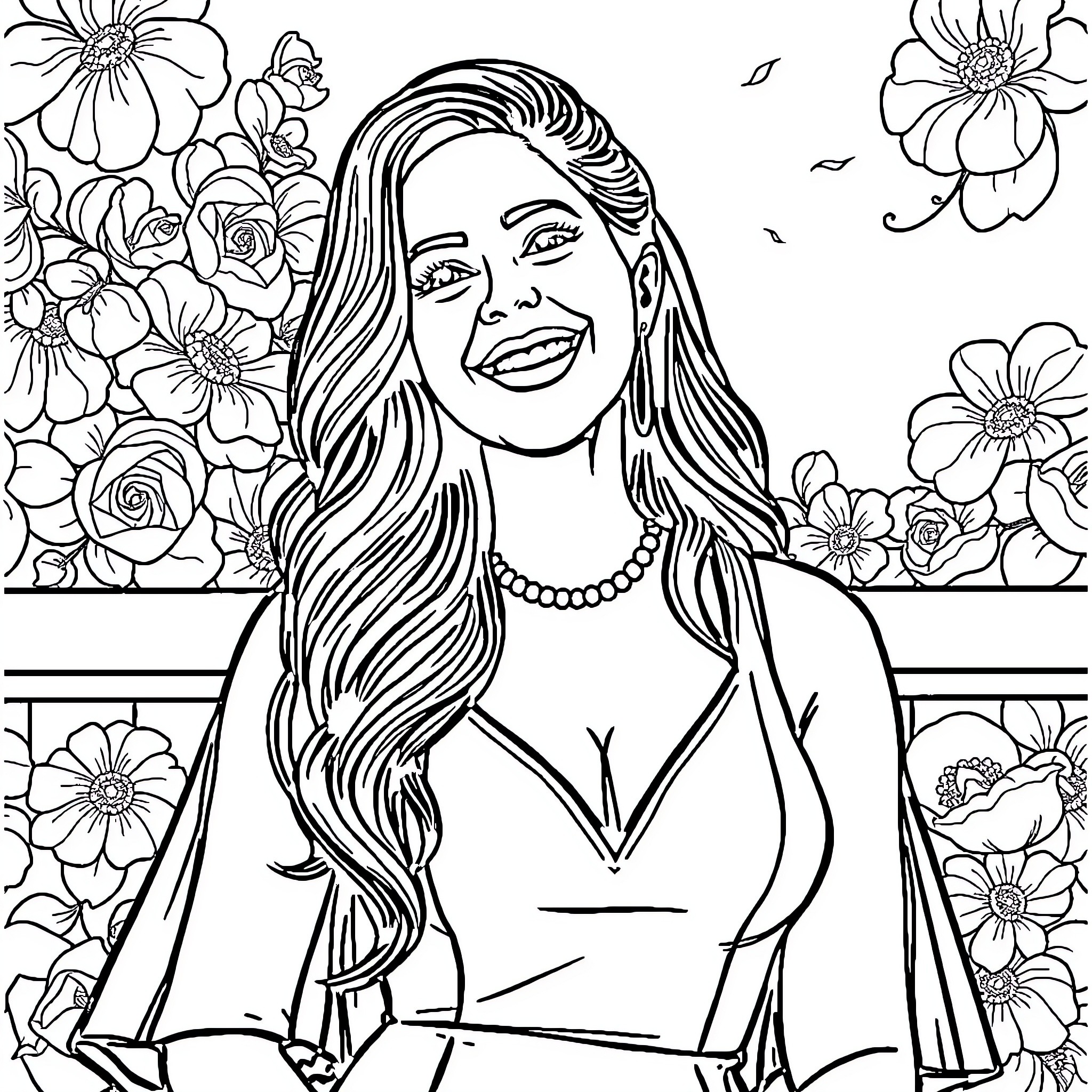 Angélica Rivera posing with floral background Coloring Page (free black-and-white line drawing printable PDF for all, from beginners to advanced learners, including children, teens, adults, and seniors)