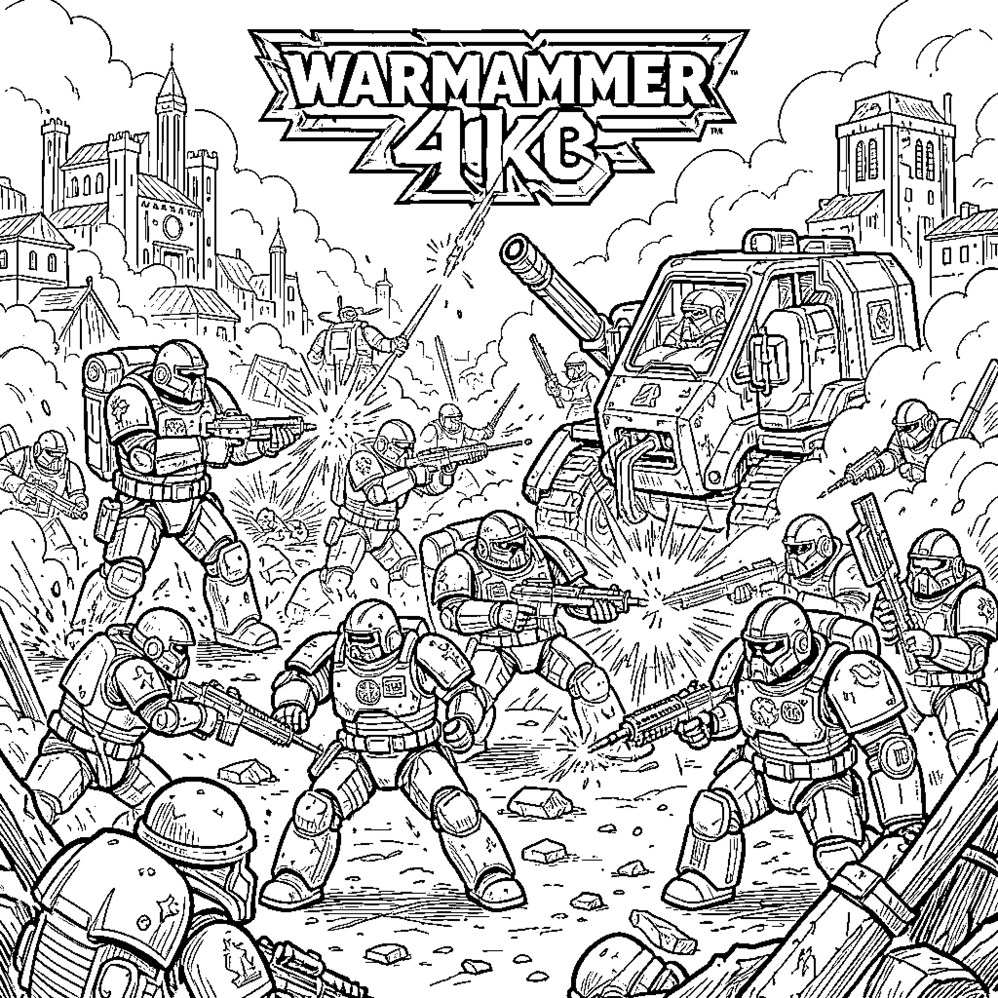 Warhammer soldiers engaging in an intense battlefield combat Coloring Page (free black-and-white line drawing printable PDF for all, from beginners to advanced learners, including children, teens, adults, and seniors)