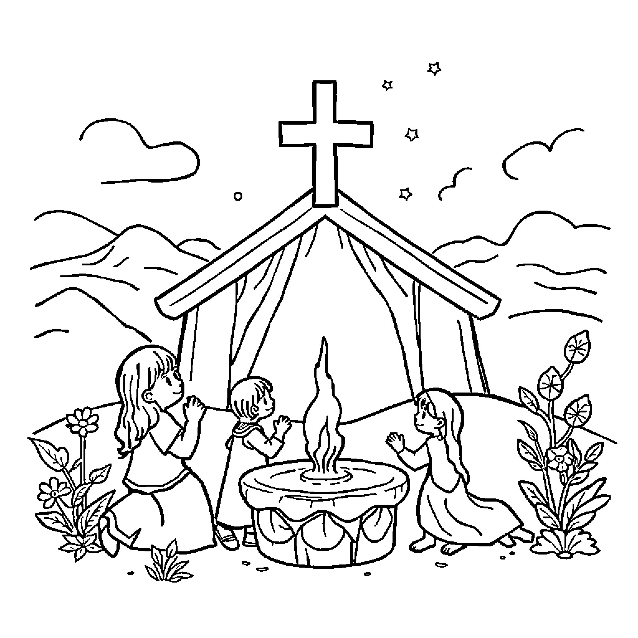 Christian children worshiping at a small chapel Coloring Page (free black-and-white line drawing printable PDF for all, from beginners to advanced learners, including children, teens, adults, and seniors)