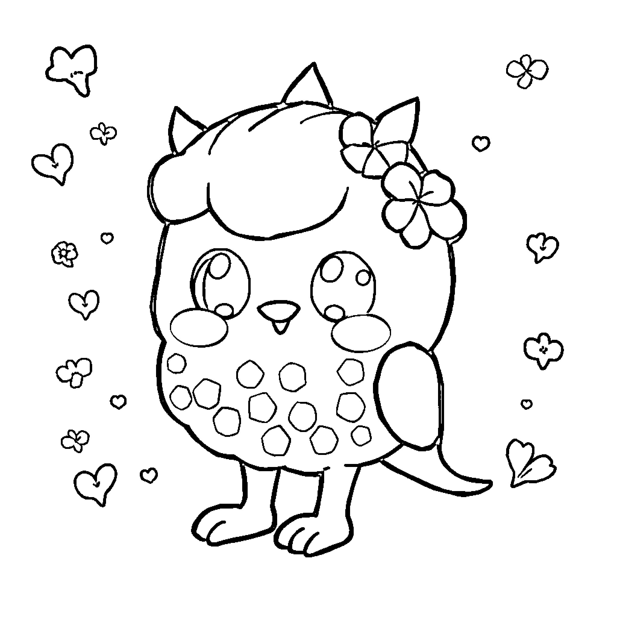 Kawaii Numbers Cute Owl with Flowers and Hearts Coloring Page (free black-and-white line drawing printable PDF for all, from beginners to advanced learners, including children, teens, adults, and seniors)