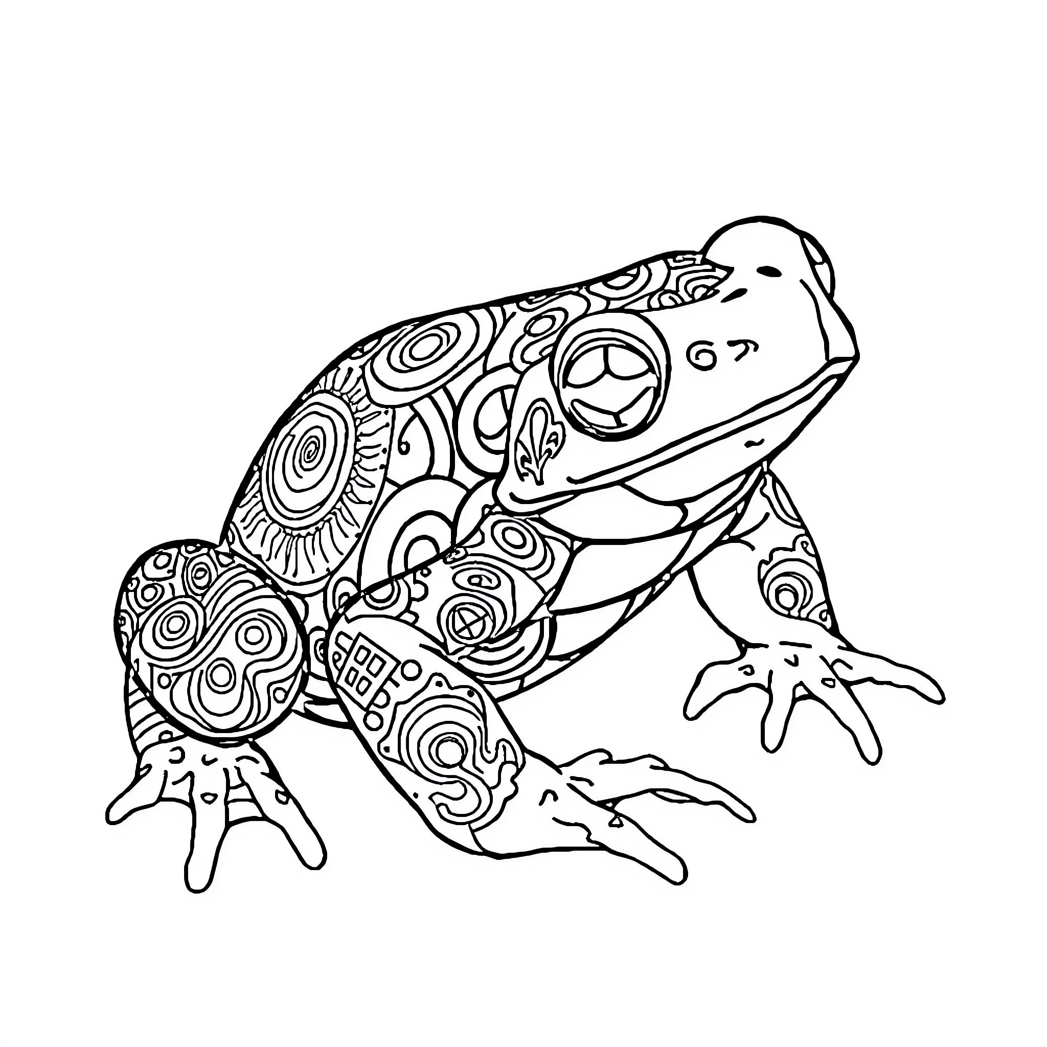 Toad with intricate geometric patterns Coloring Page (free black-and-white line drawing printable PDF for all, from beginners to advanced learners, including children, teens, adults, and seniors)