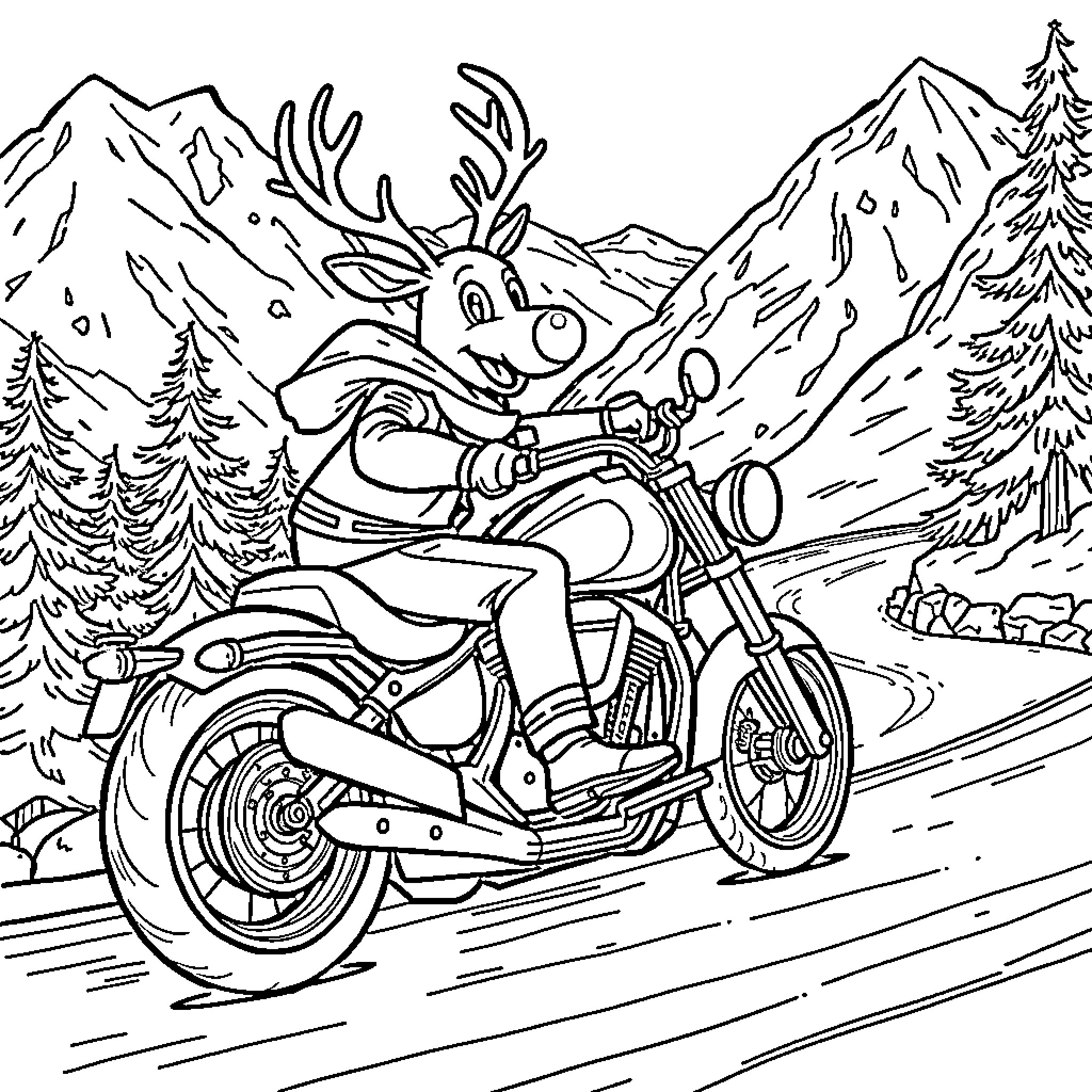 Rudolph the Reindeer rides his motorcycle through the mountains Coloring Page (free black-and-white line drawing printable PDF for all, from beginners to advanced learners, including children, teens, adults, and seniors)