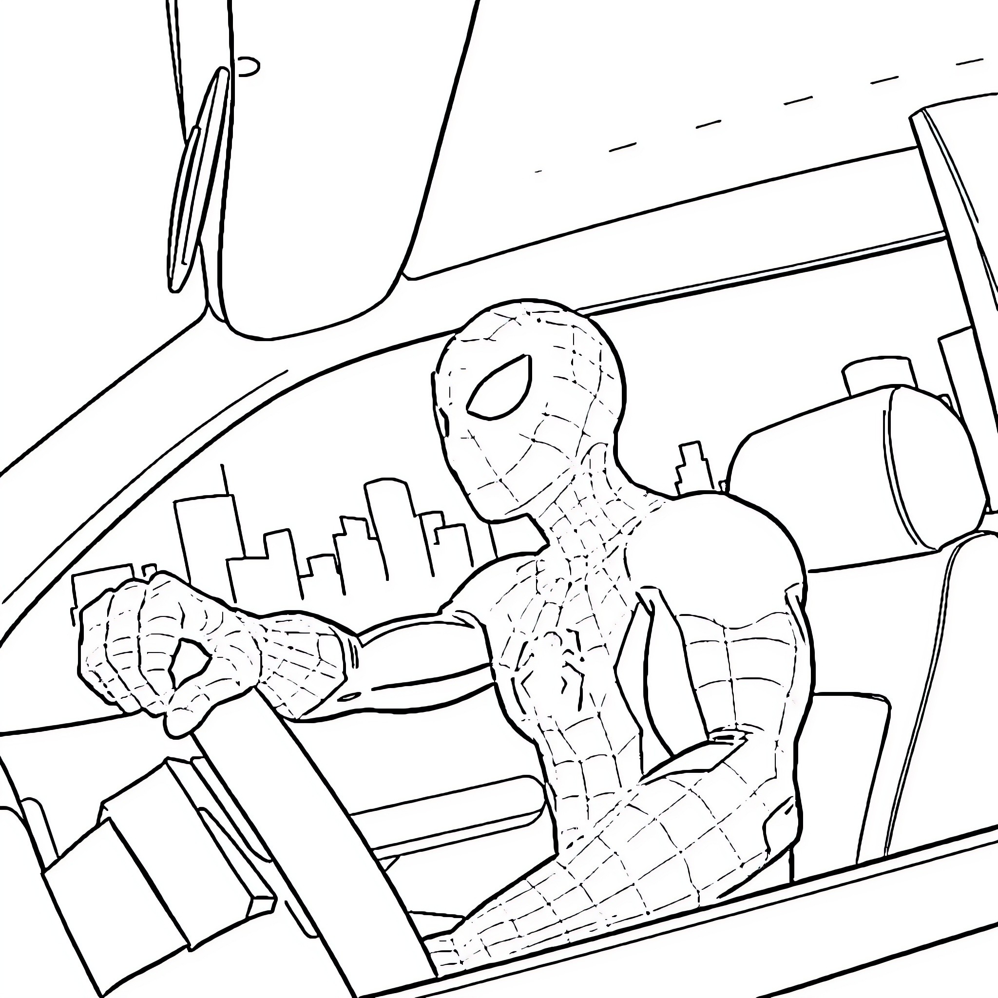 Spider-Man scaling a building in a city skyline Coloring Page (free black-and-white line drawing printable PDF for all, from beginners to advanced learners, including children, teens, adults, and seniors)