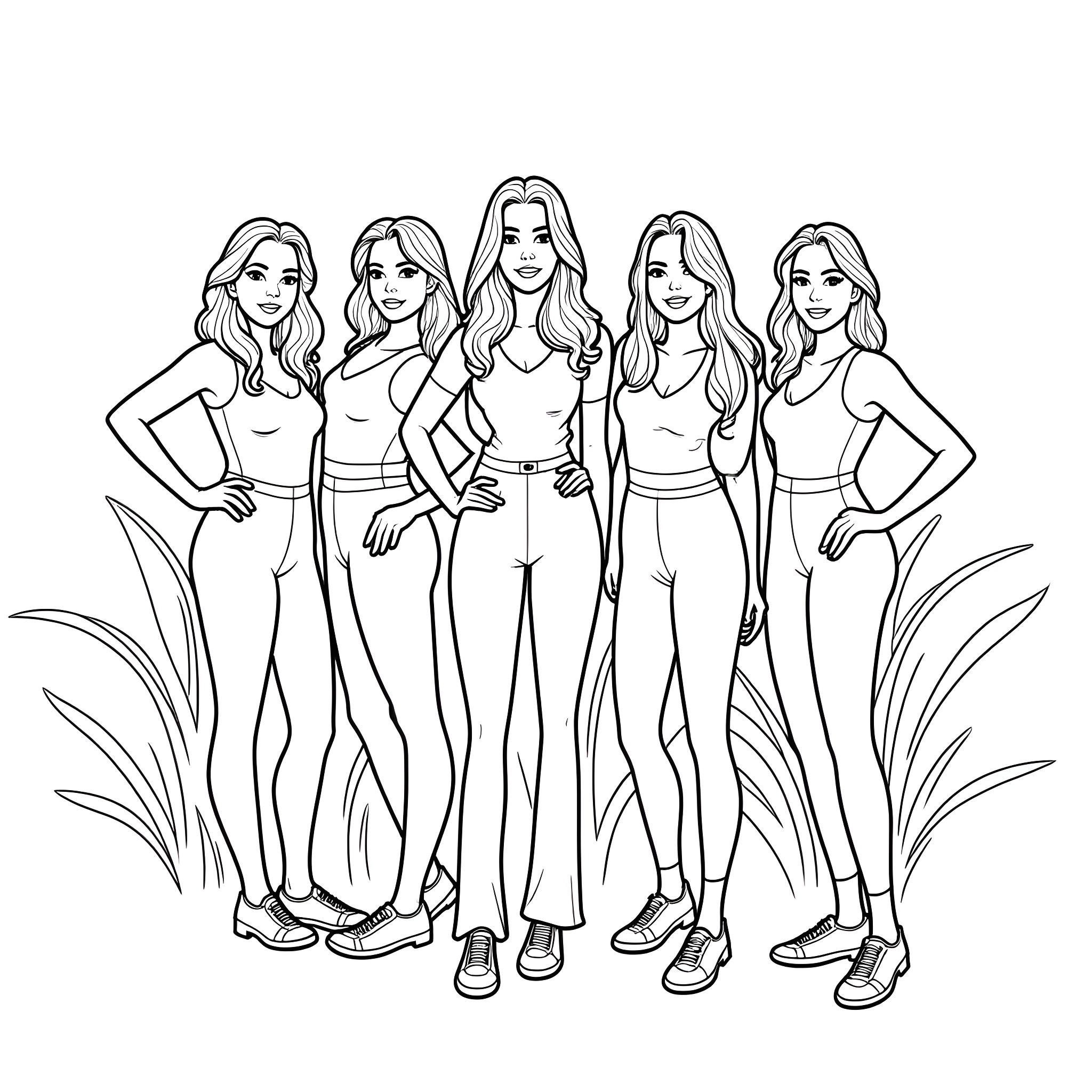 Women posing confidently in stylish outfits Coloring Page (free black-and-white line drawing printable PDF for all, from beginners to advanced learners, including children, teens, adults, and seniors)