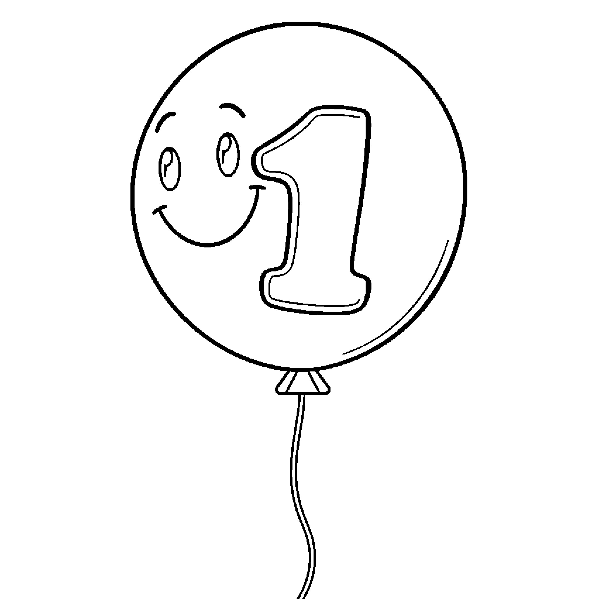 Balloon with smiling number one Coloring Page (free black-and-white line drawing printable PDF for all, from beginners to advanced learners, including children, teens, adults, and seniors)