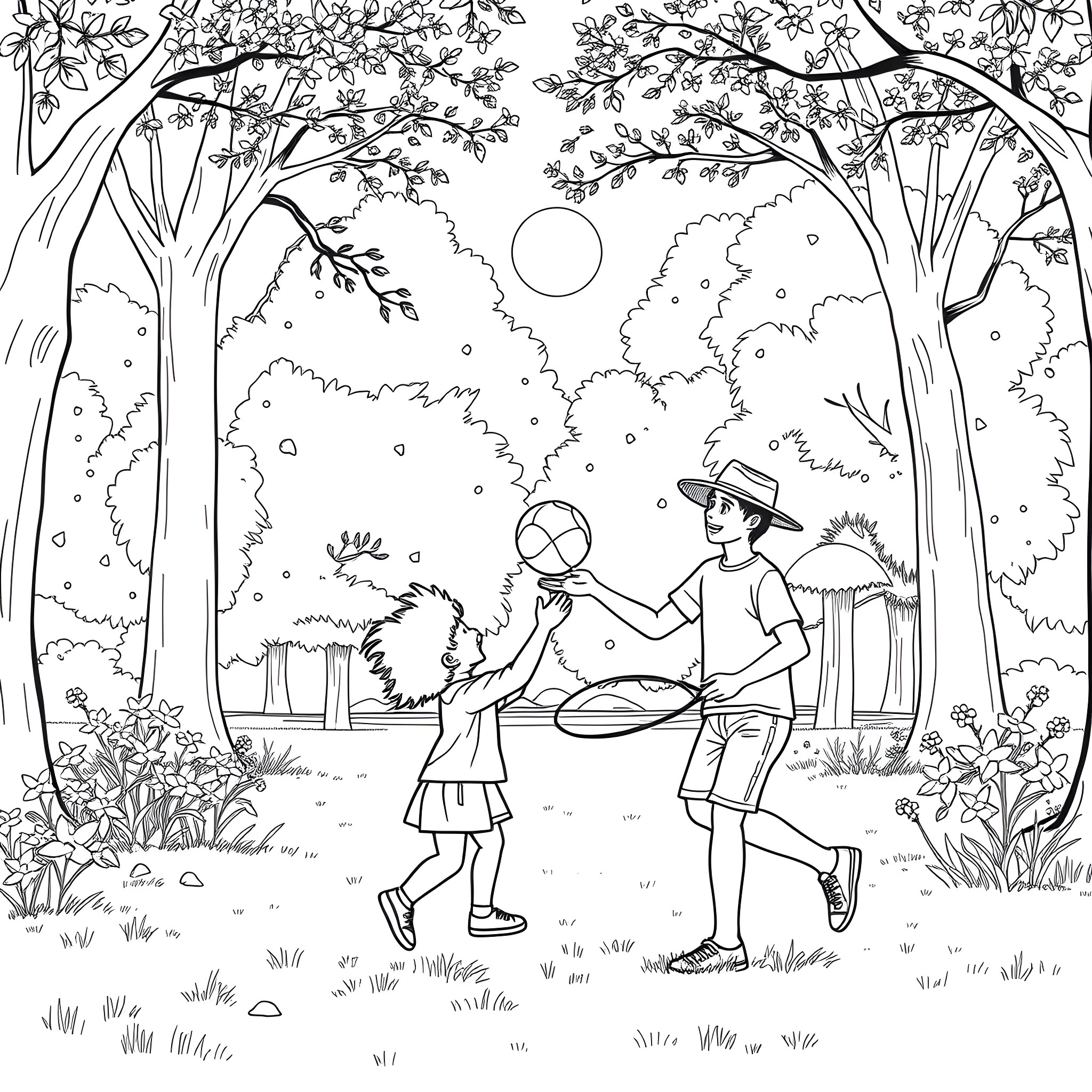 Dad and child playing with ball in park Coloring Page (free black-and-white line drawing printable PDF for all, from beginners to advanced learners, including children, teens, adults, and seniors)