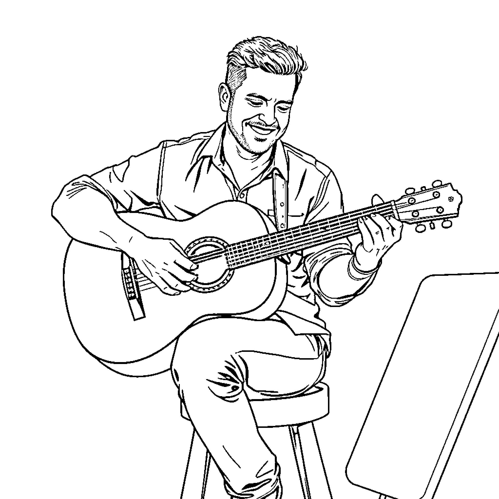 José Madero playing guitar with a smile Coloring Page (free black-and-white line drawing printable PDF for all, from beginners to advanced learners, including children, teens, adults, and seniors)