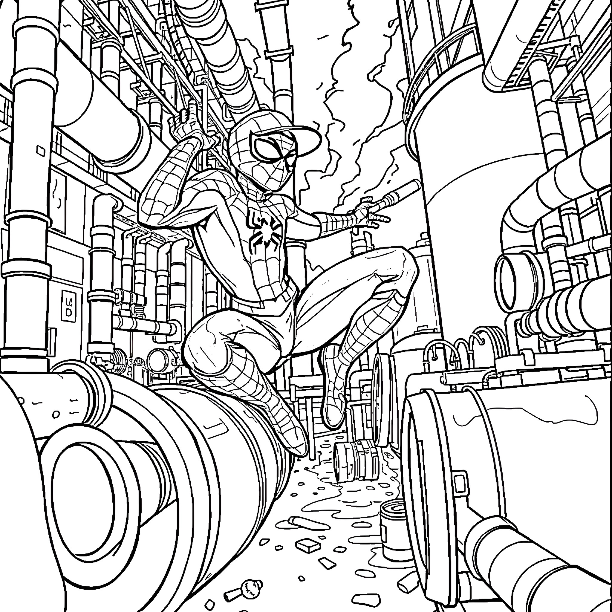 Spiderman swinging through a futuristic city Coloring Page (free black-and-white line drawing printable PDF for all, from beginners to advanced learners, including children, teens, adults, and seniors)