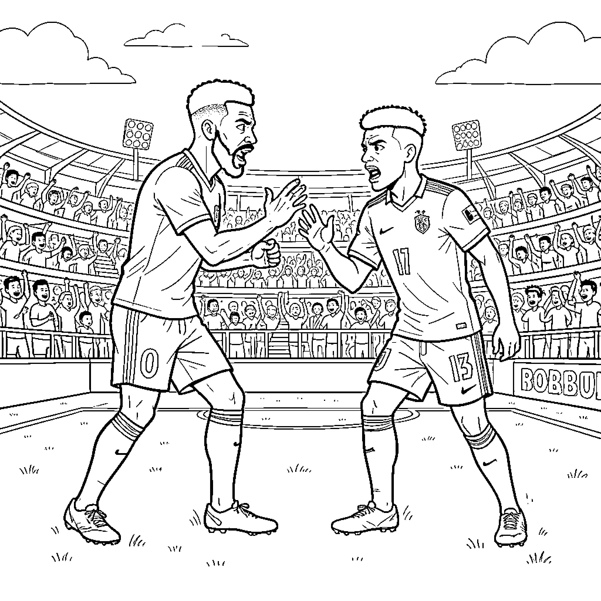 Mbappe celebrating a goal with a teammate in a stadium Coloring Page (free black-and-white line drawing printable PDF for all, from beginners to advanced learners, including children, teens, adults, and seniors)