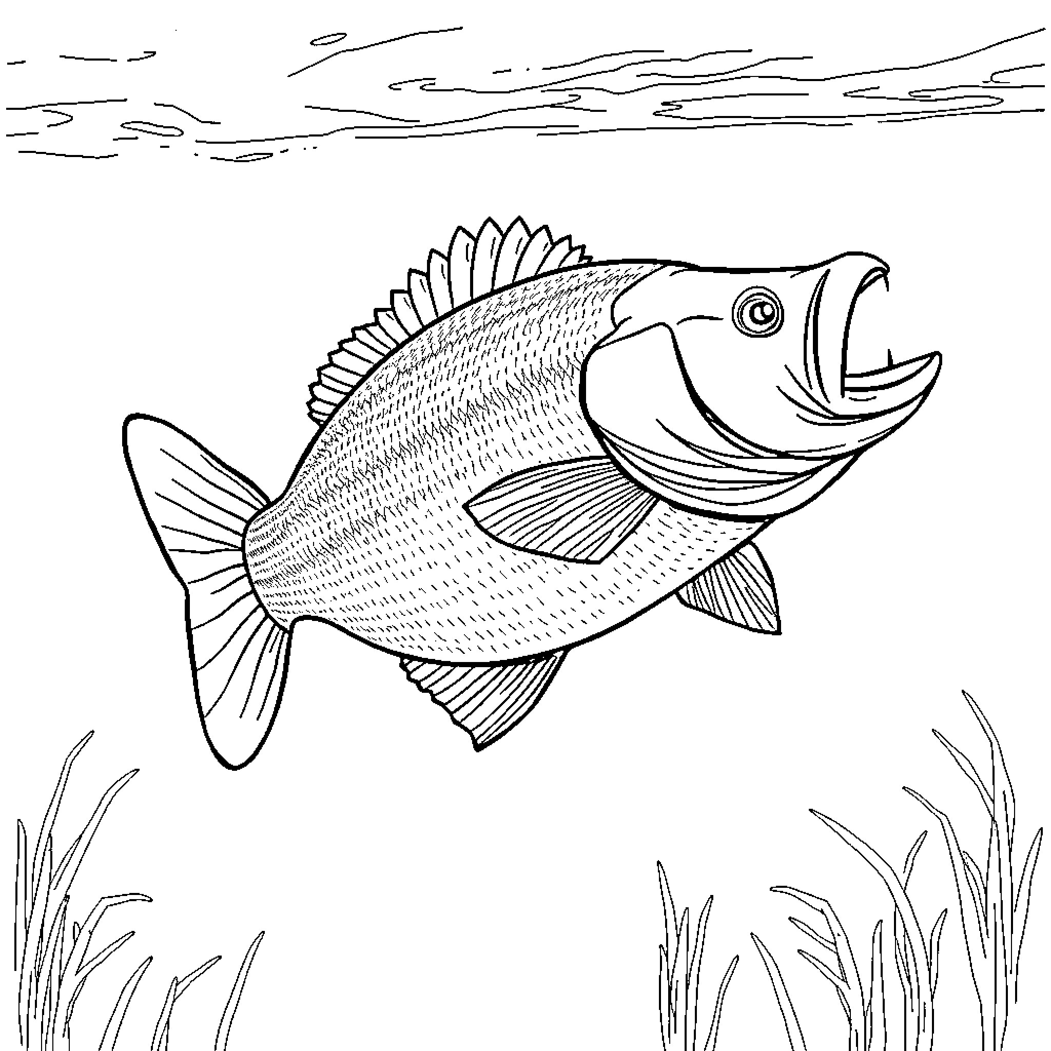 Bass fish swimming gracefully in the water Coloring Page (free black-and-white line drawing printable PDF for all, from beginners to advanced learners, including children, teens, adults, and seniors)