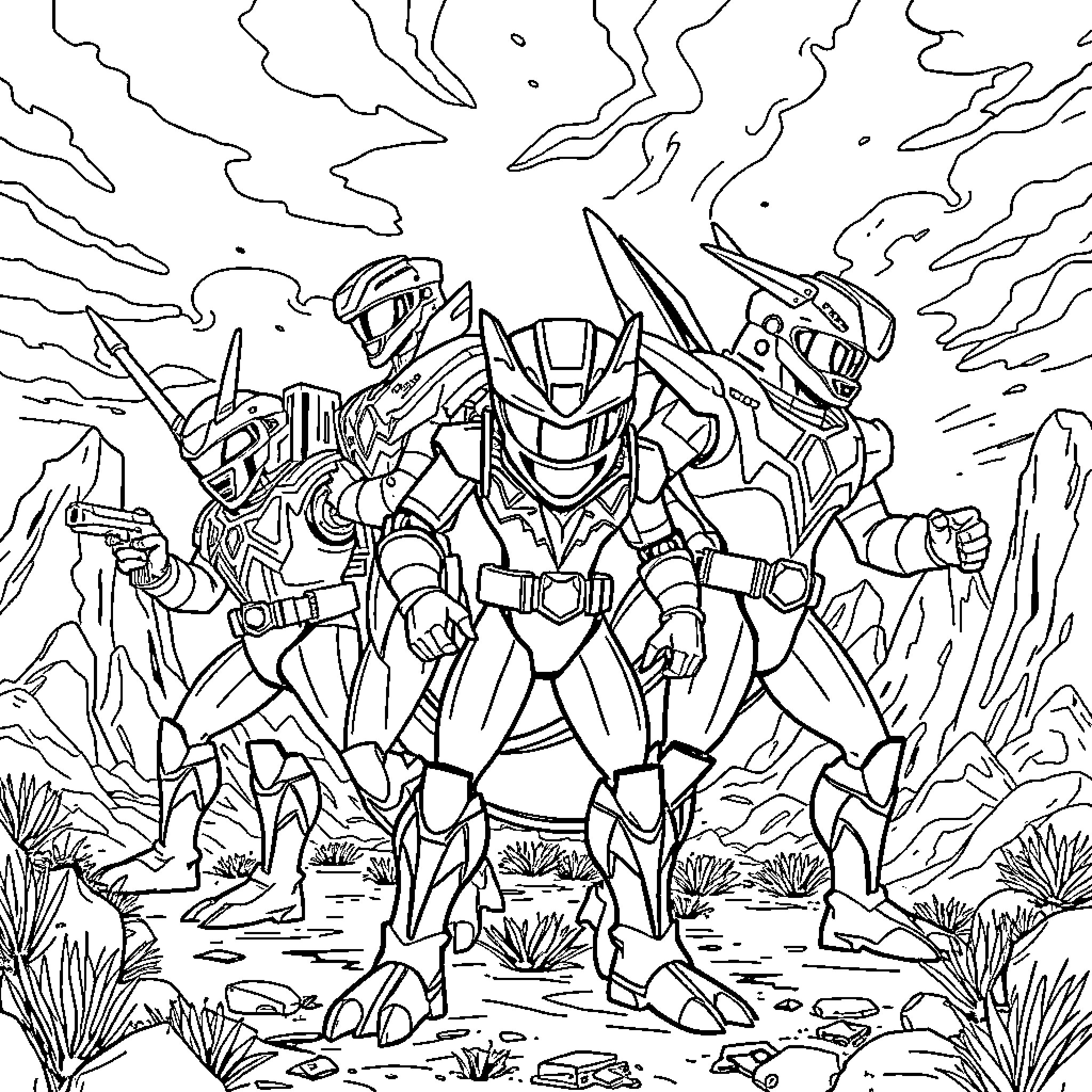 Dino Robots in Fierce Battle Stance Coloring Page (free black-and-white line drawing printable PDF for all, from beginners to advanced learners, including children, teens, adults, and seniors)