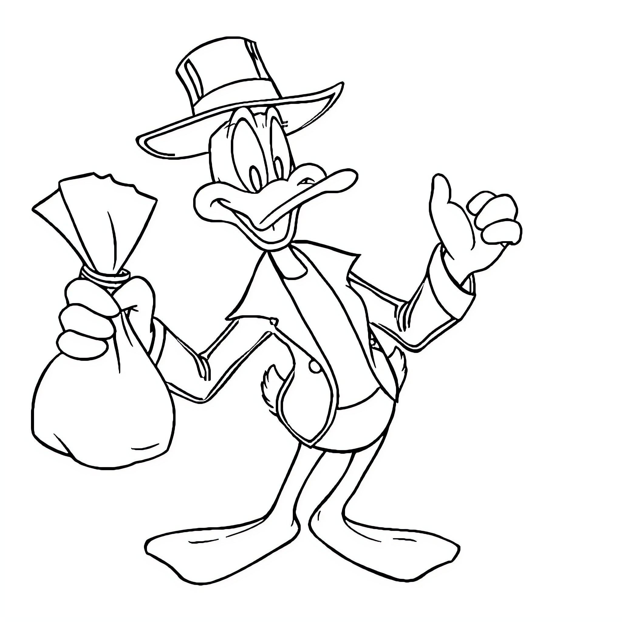 Daffy Duck holding a bag with a cheerful expression Coloring Page (free black-and-white line drawing printable PDF for all, from beginners to advanced learners, including children, teens, adults, and seniors)