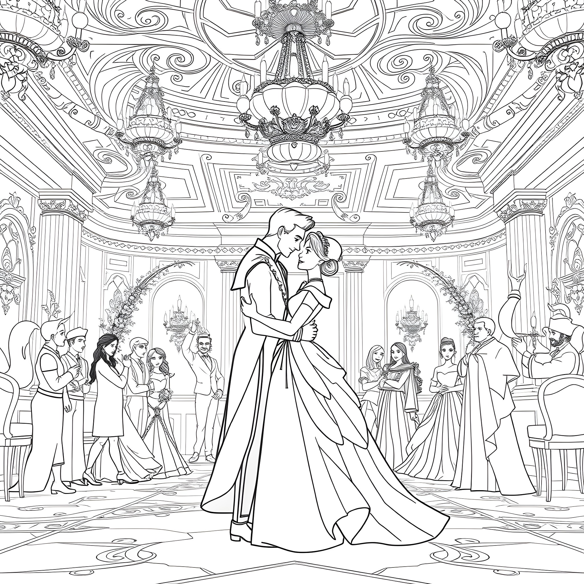 Cinderella's Enchanting Ball: A Fairytale Romance Coloring Page (free black-and-white line drawing printable PDF for all, from beginners to advanced learners, including children, teens, adults, and seniors)