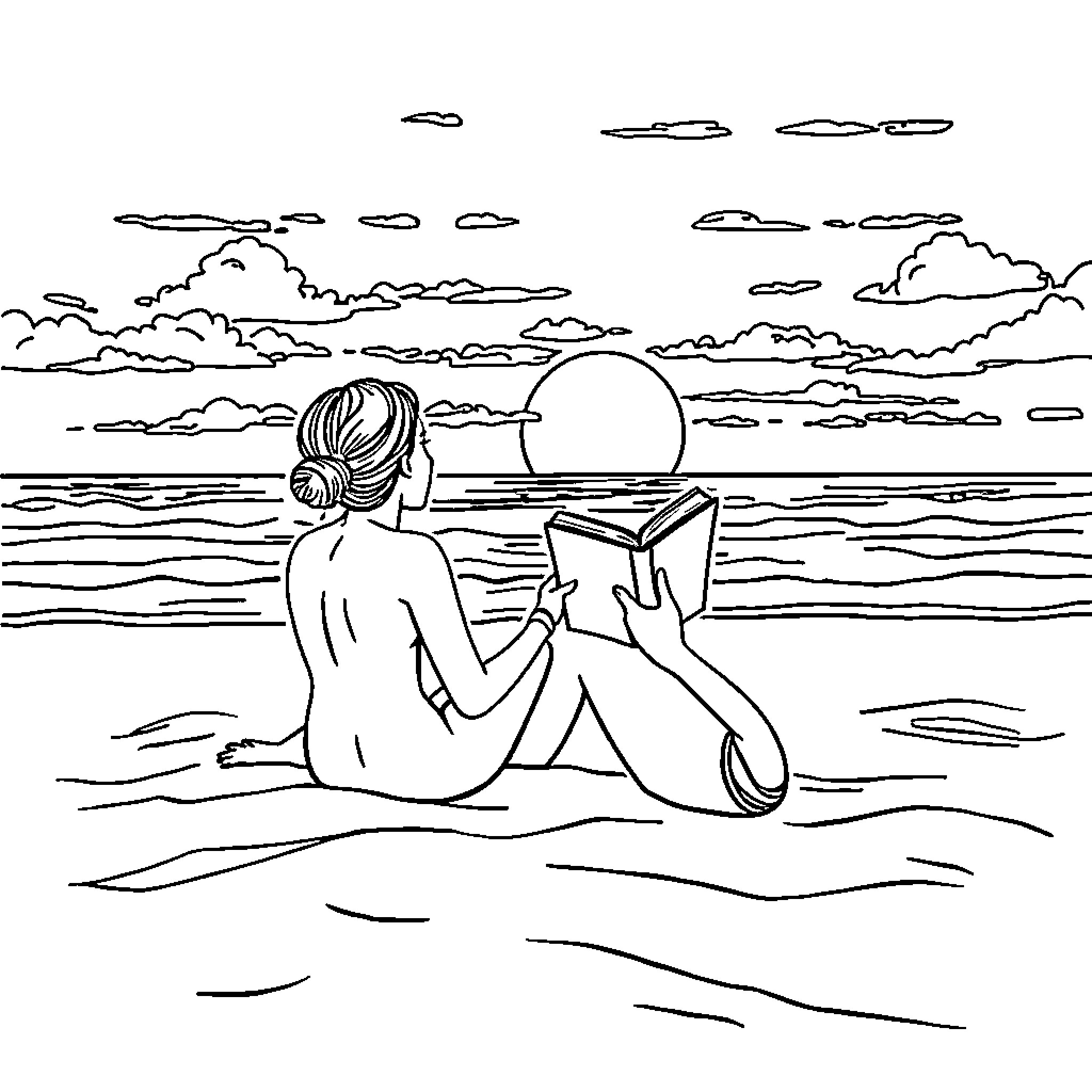 Book Reading by the Sunset Seashore Coloring Page (free black-and-white line drawing printable PDF for all, from beginners to advanced learners, including children, teens, adults, and seniors)