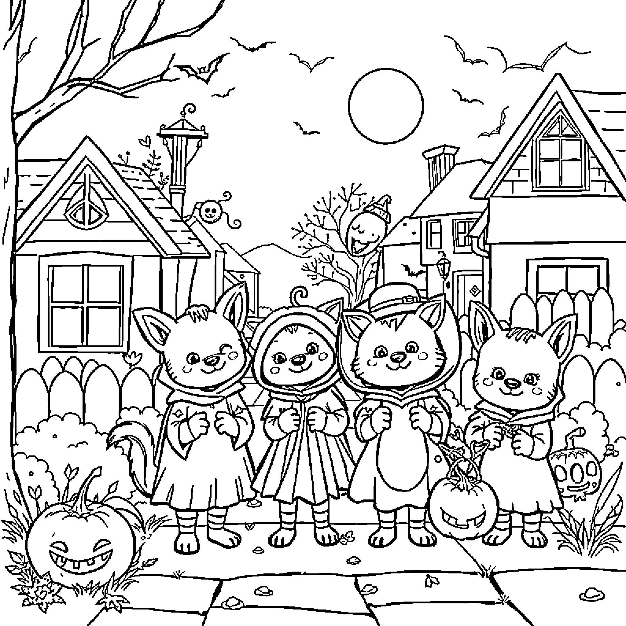 Animal Trick-or-Treaters in Spooky Neighborhood Coloring Page (free black-and-white line drawing printable PDF for all, from beginners to advanced learners, including children, teens, adults, and seniors)