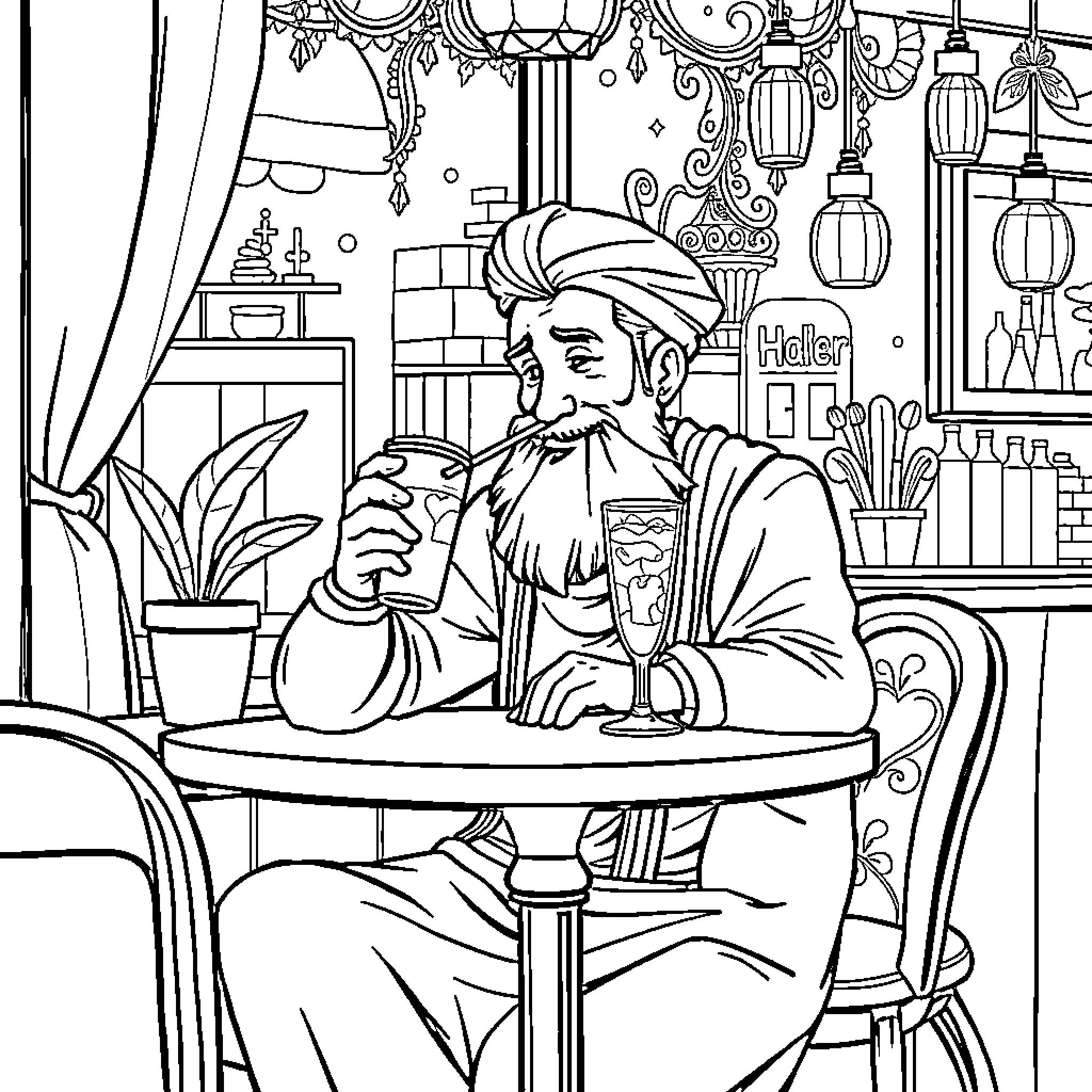 Rumi Enjoying Tea in Cozy Cafe Setting Coloring Page (free black-and-white line drawing printable PDF for all, from beginners to advanced learners, including children, teens, adults, and seniors)