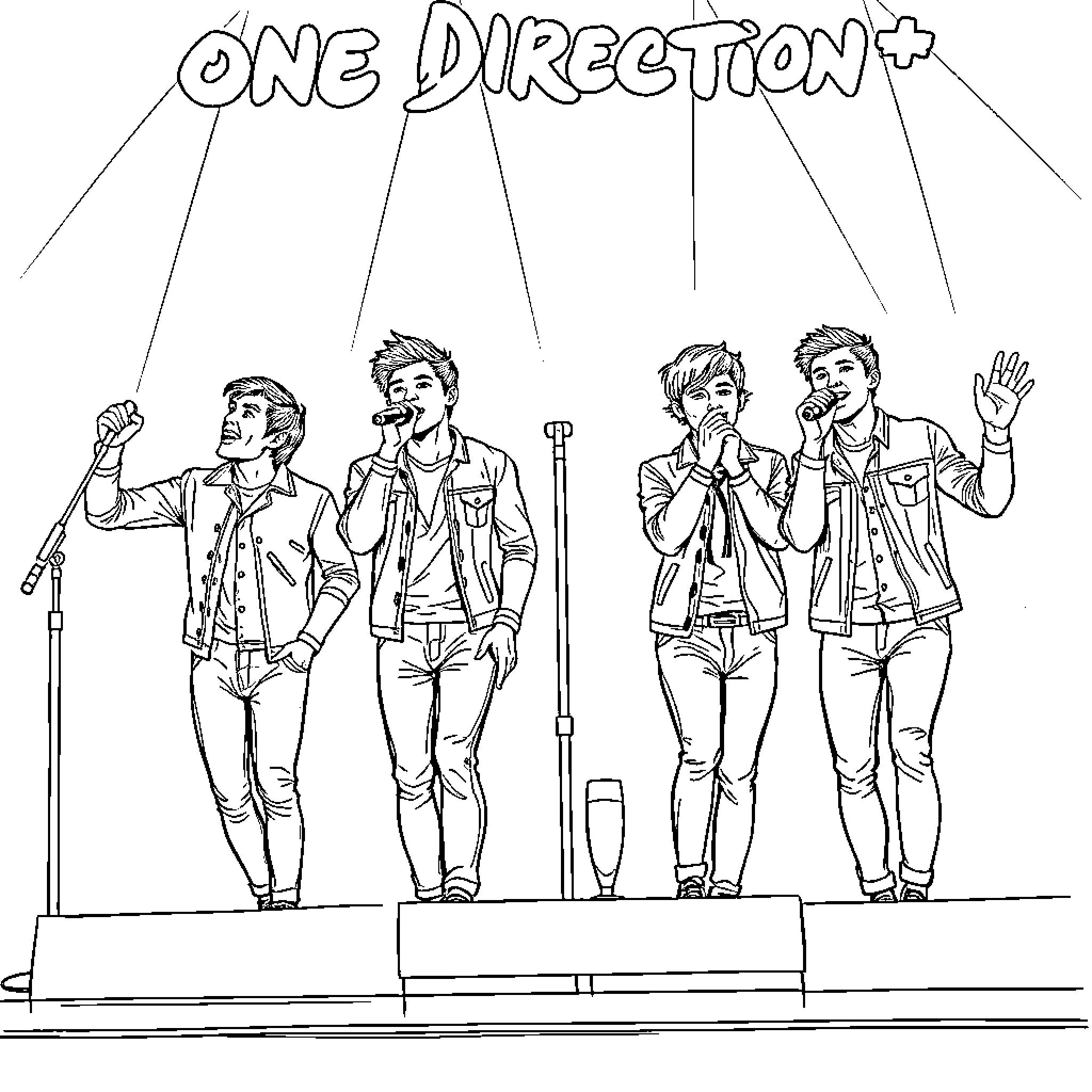 One Direction on Stage Performing Coloring Page (free black-and-white line drawing printable PDF for all, from beginners to advanced learners, including children, teens, adults, and seniors)