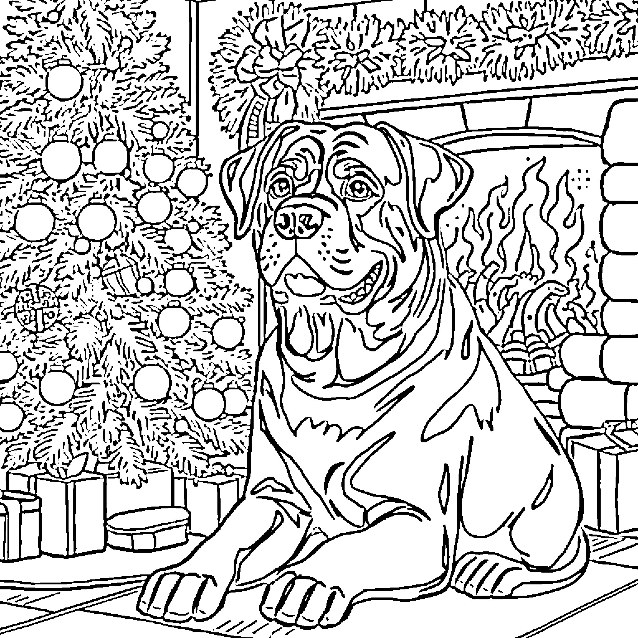 Rottweiler enjoying the holiday decorations Coloring Page (free black-and-white line drawing printable PDF for all, from beginners to advanced learners, including children, teens, adults, and seniors)