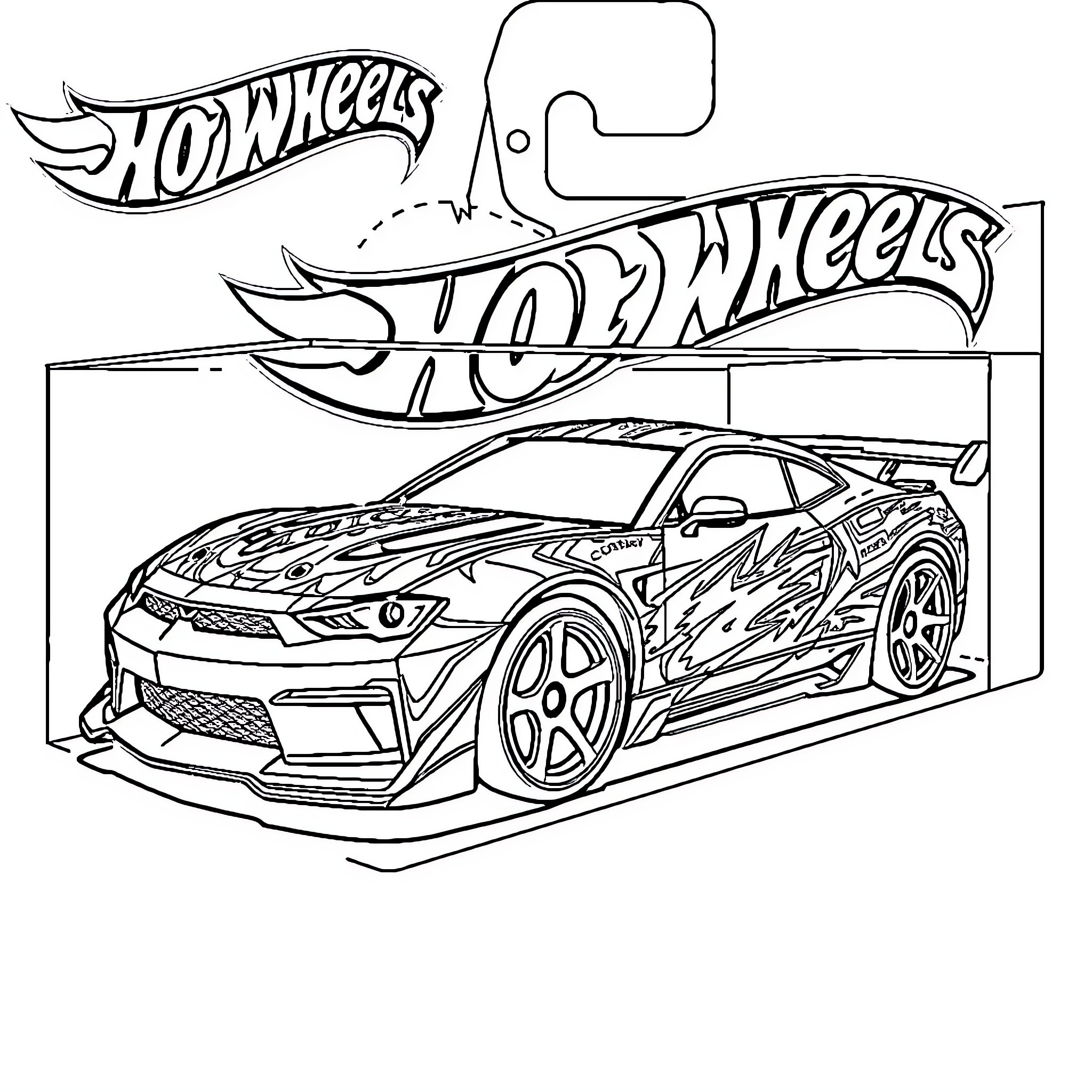 Hotwheels Car racing with fiery tracks Coloring Page (free black-and-white line drawing printable PDF for all, from beginners to advanced learners, including children, teens, adults, and seniors)
