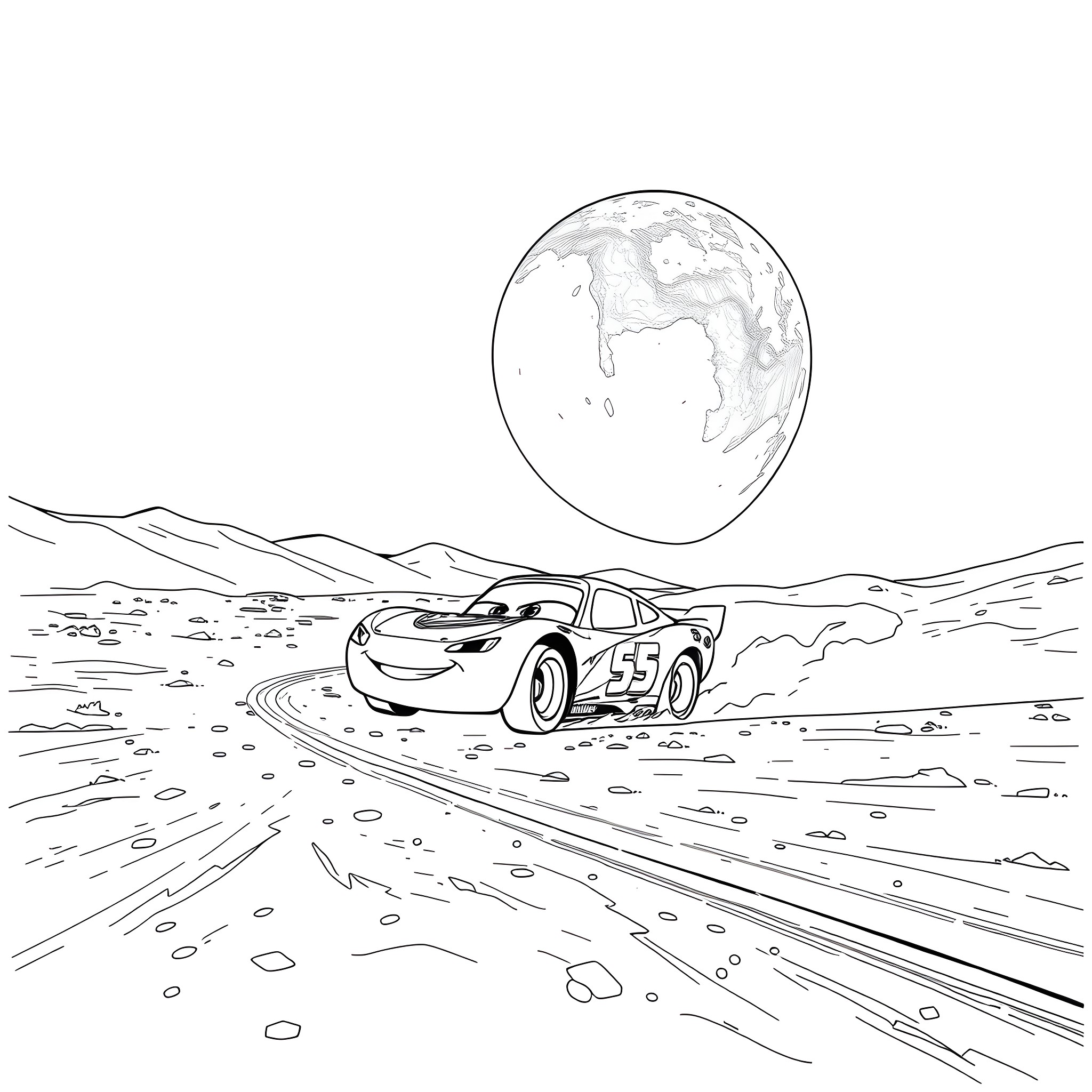 Lightning McQueen races on a desert road under the moon Coloring Page (free black-and-white line drawing printable PDF for all, from beginners to advanced learners, including children, teens, adults, and seniors)