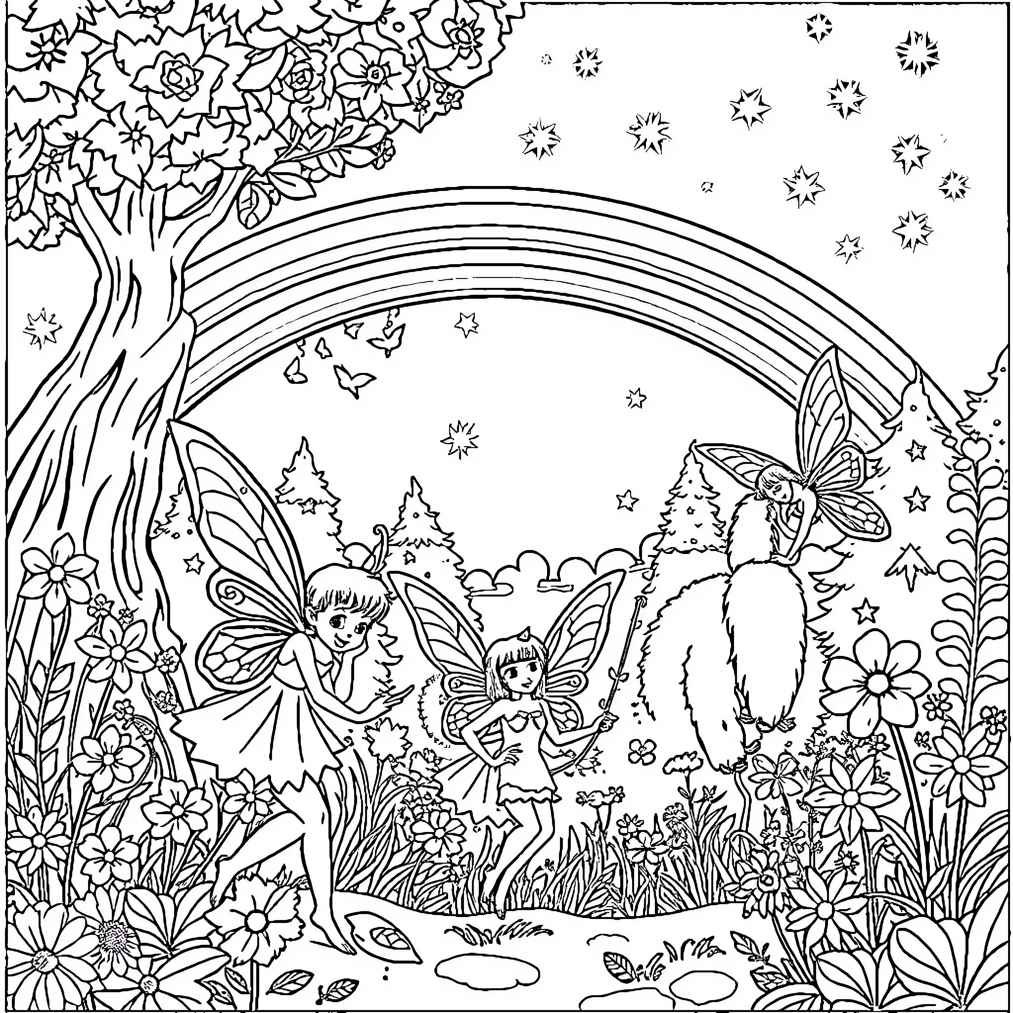 Fairy Fairies Frolicking in Enchanted Forest Coloring Page (free black-and-white line drawing printable PDF for all, from beginners to advanced learners, including children, teens, adults, and seniors)