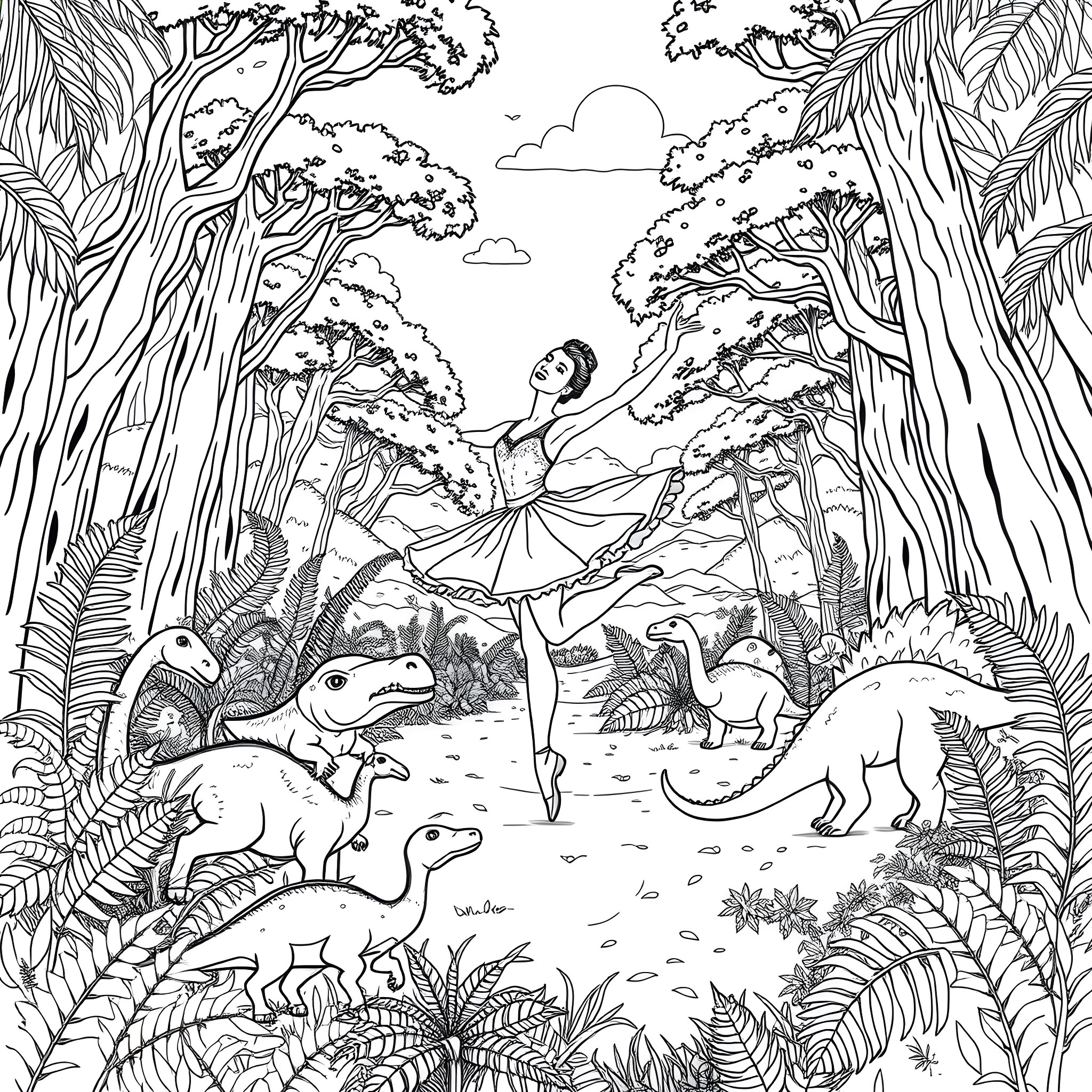 Ballerina dancing among prehistoric creatures in a lush forest Coloring Page (free black-and-white line drawing printable PDF for all, from beginners to advanced learners, including children, teens, adults, and seniors)