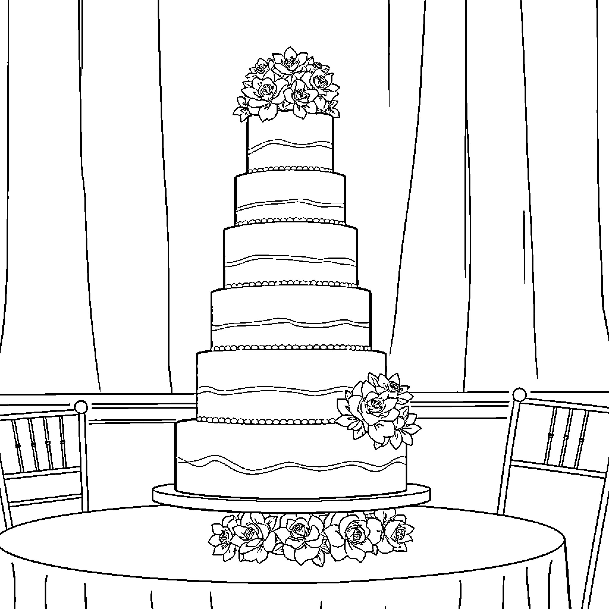 Wedding Cake with Elegant Floral Decorations Coloring Page (free black-and-white line drawing printable PDF for all, from beginners to advanced learners, including children, teens, adults, and seniors)