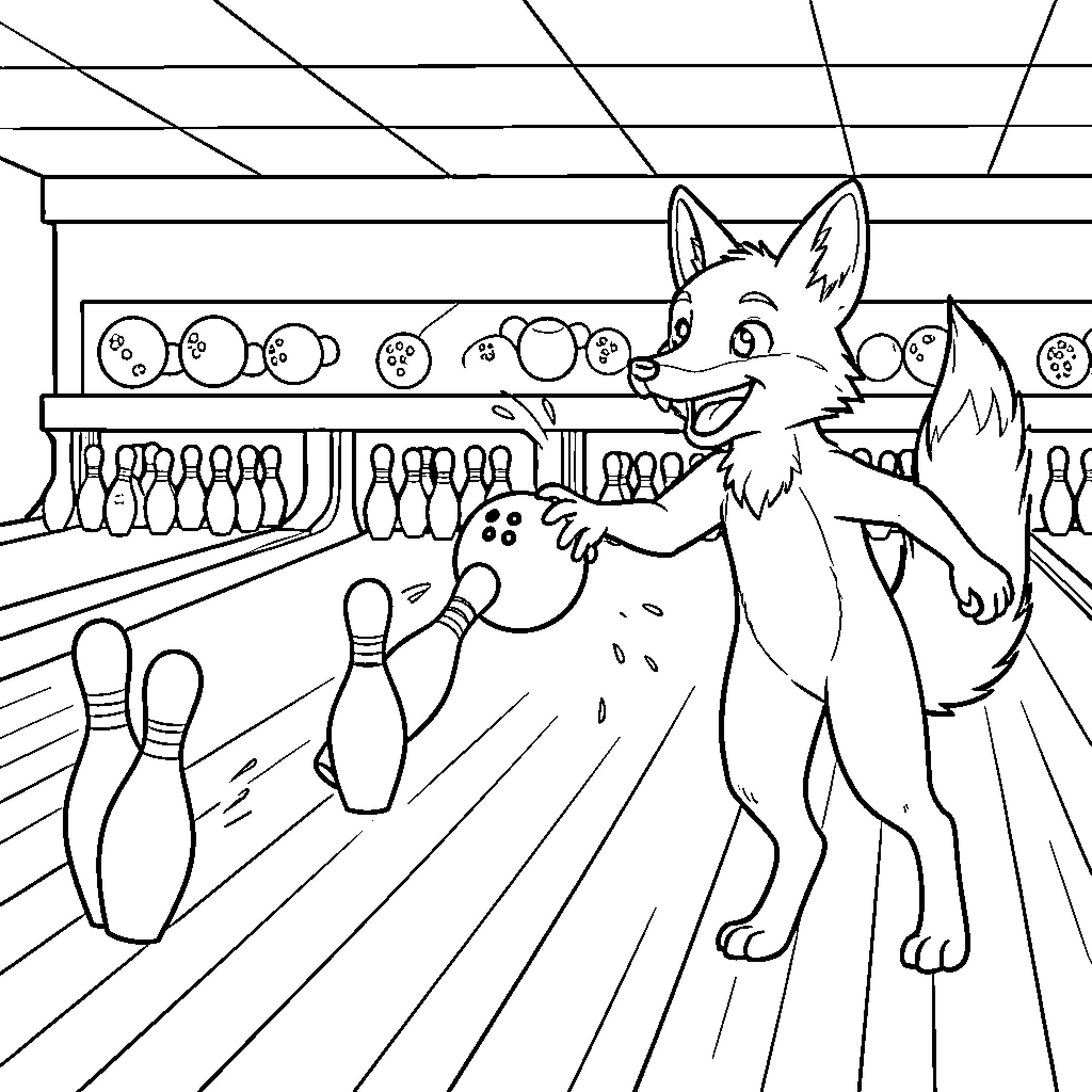 Fox bowling a ball to hit the pins Coloring Page (free black-and-white line drawing printable PDF for all, from beginners to advanced learners, including children, teens, adults, and seniors)