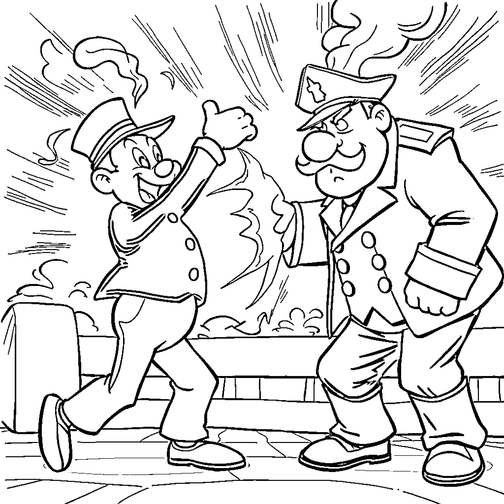 Steamboat Willie: Cartoon characters in lively action Coloring Page (free black-and-white line drawing printable PDF for all, from beginners to advanced learners, including children, teens, adults, and seniors)