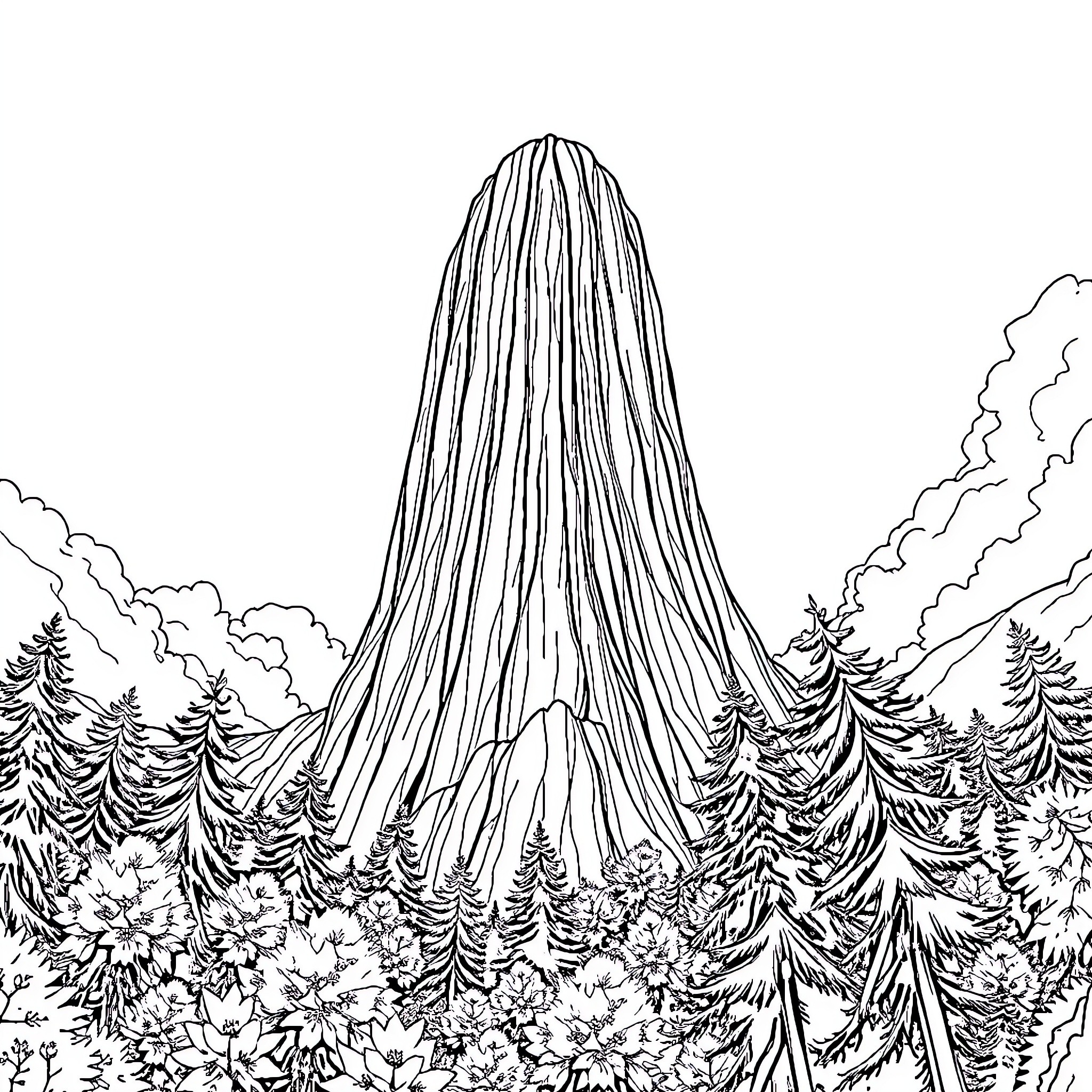 Giant mountain peak towering over forest landscape Coloring Page (free black-and-white line drawing printable PDF for all, from beginners to advanced learners, including children, teens, adults, and seniors)