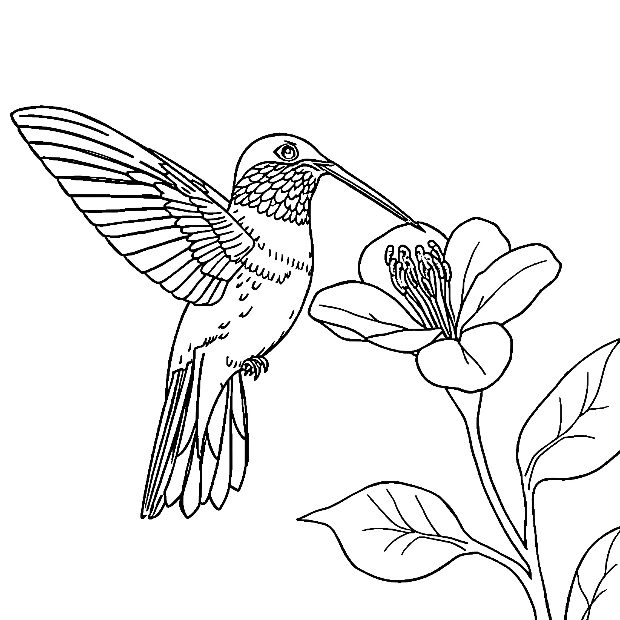 Hummingbird hovering near a blooming flower Coloring Page (free black-and-white line drawing printable PDF for all, from beginners to advanced learners, including children, teens, adults, and seniors)