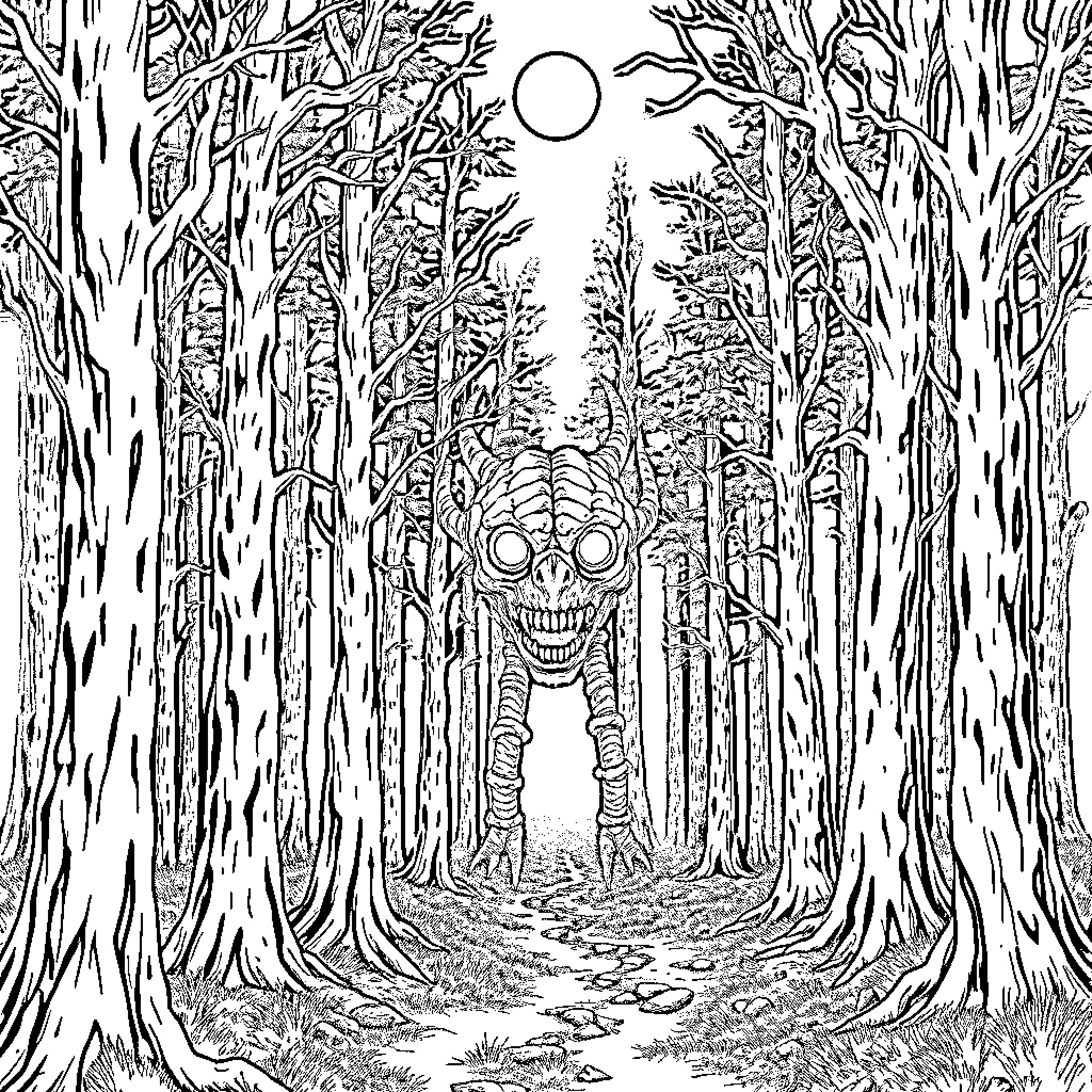 Night forest with a mysterious creature Coloring Page (free black-and-white line drawing printable PDF for all, from beginners to advanced learners, including children, teens, adults, and seniors)