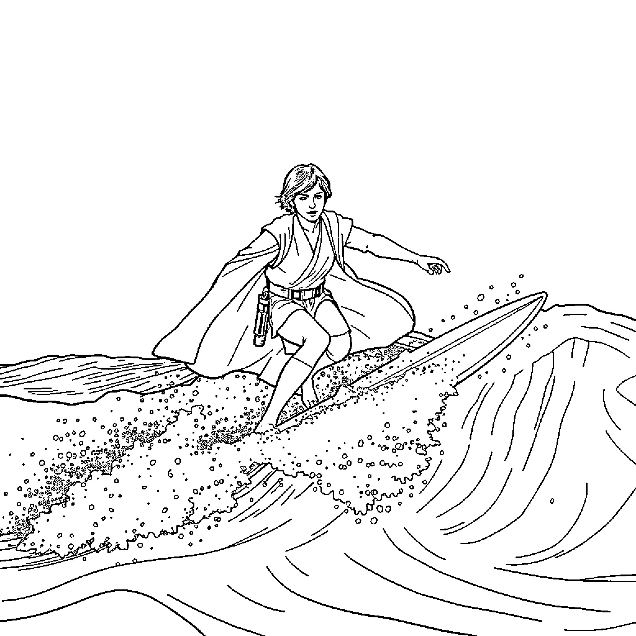 Luke Skywalker surfing the cosmic waves Coloring Page (free black-and-white line drawing printable PDF for all, from beginners to advanced learners, including children, teens, adults, and seniors)