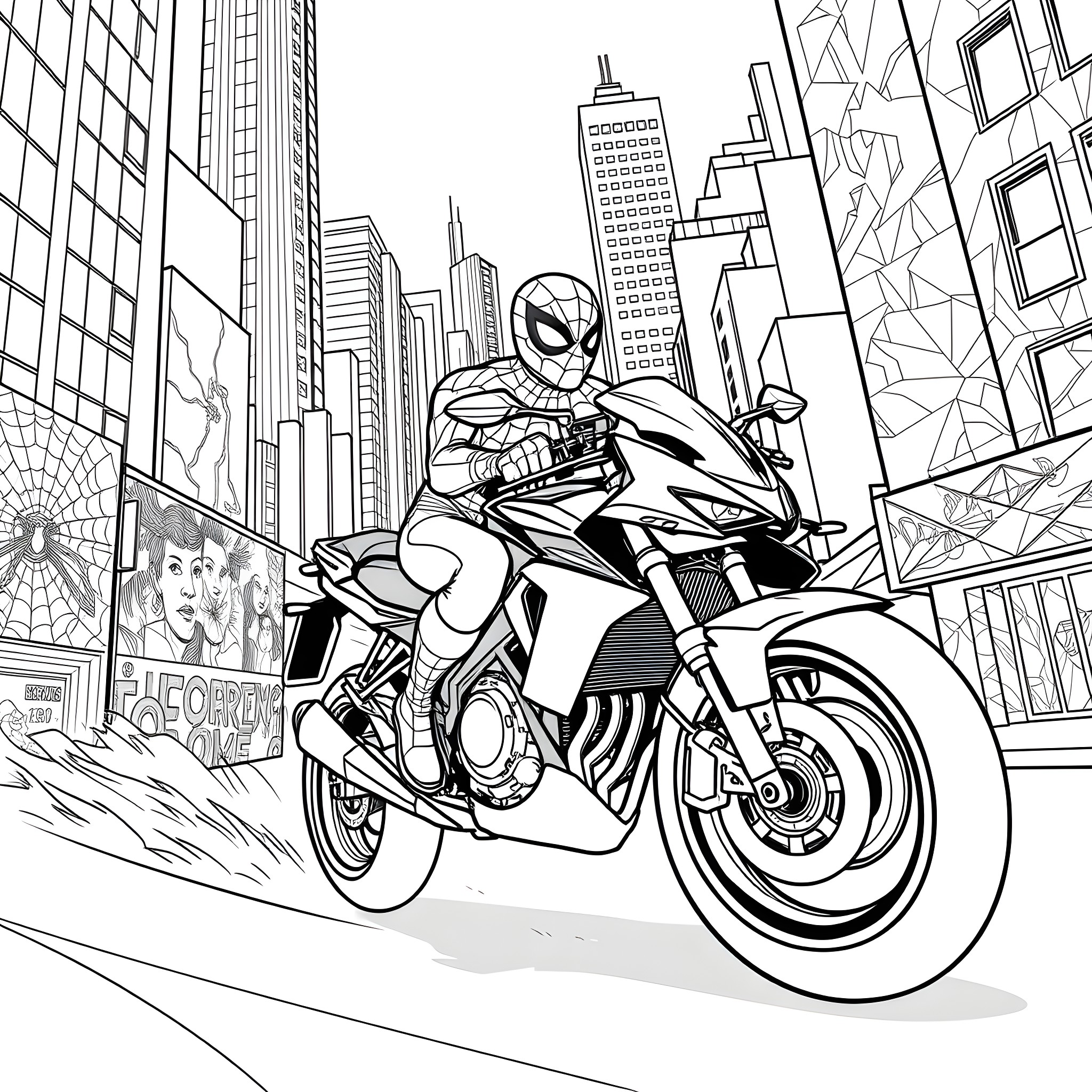 Spiderman rides motorcycle through cityscape Coloring Page (free black-and-white line drawing printable PDF for all, from beginners to advanced learners, including children, teens, adults, and seniors)