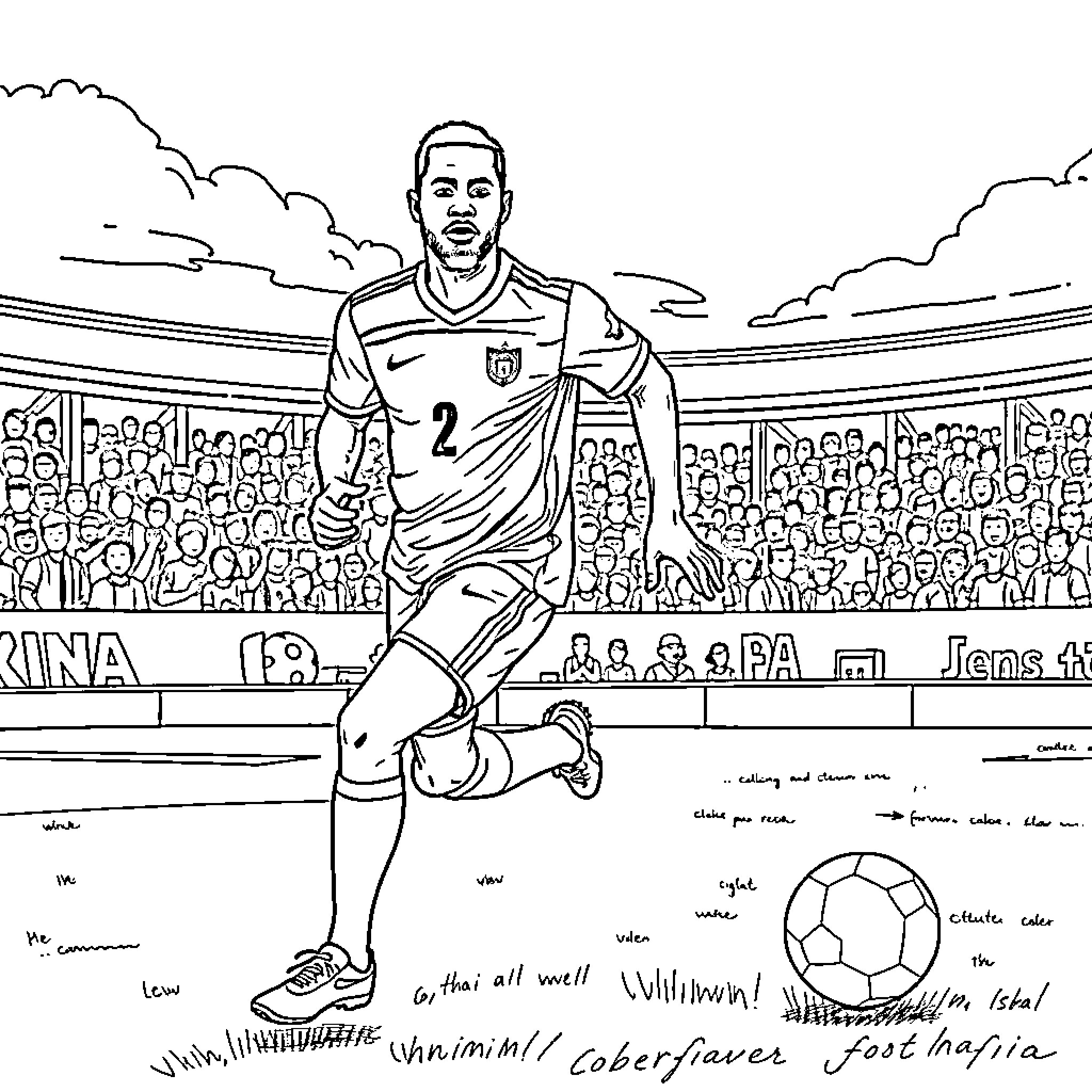 Ibrahim Mbaye running joyfully on a soccer field Coloring Page (free black-and-white line drawing printable PDF for all, from beginners to advanced learners, including children, teens, adults, and seniors)