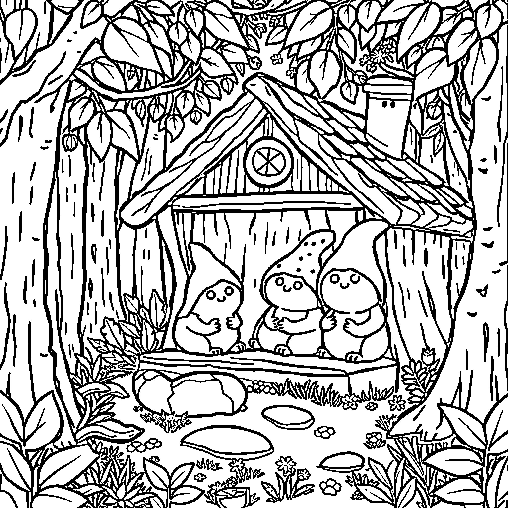 Smurfs relaxing in cozy forest cottage Coloring Page (free black-and-white line drawing printable PDF for all, from beginners to advanced learners, including children, teens, adults, and seniors)