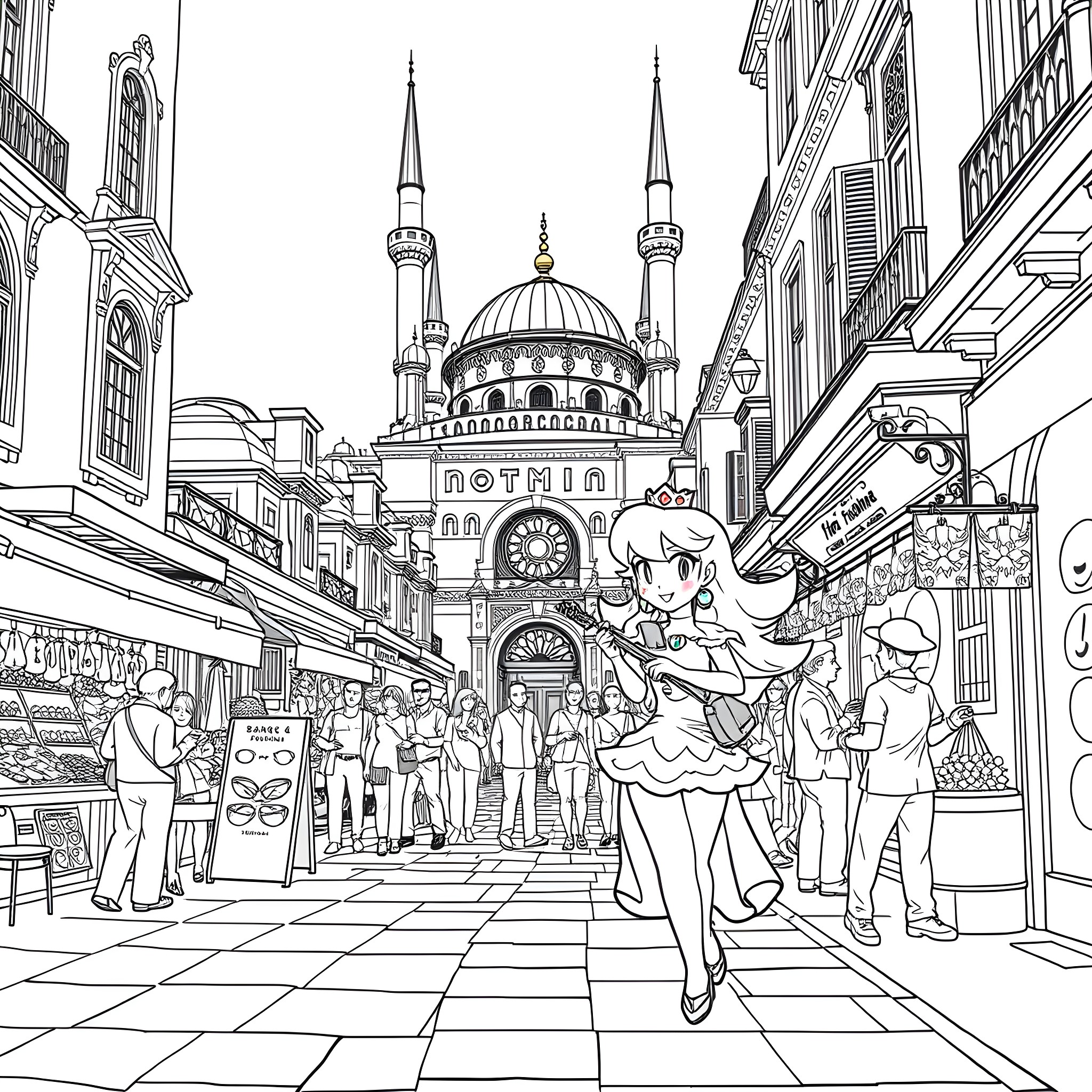 Rosalina exploring the bustling streets of a vibrant city Coloring Page (free black-and-white line drawing printable PDF for all, from beginners to advanced learners, including children, teens, adults, and seniors)