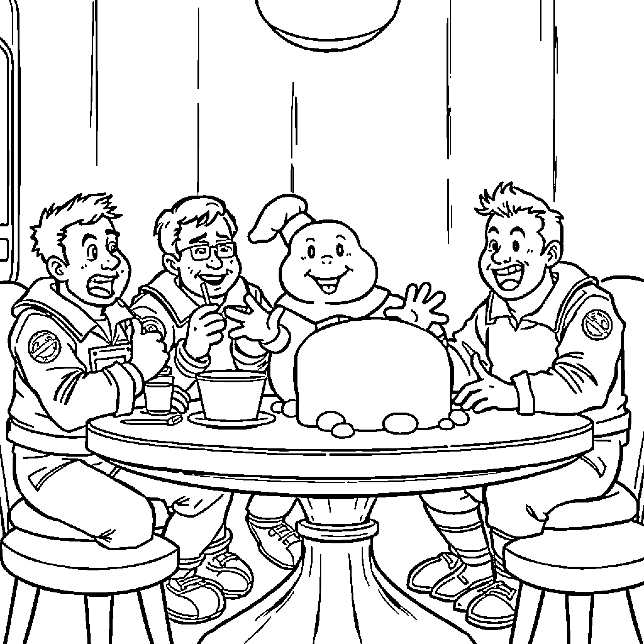 Ghostbusters team enjoying a meal together Coloring Page (free black-and-white line drawing printable PDF for all, from beginners to advanced learners, including children, teens, adults, and seniors)