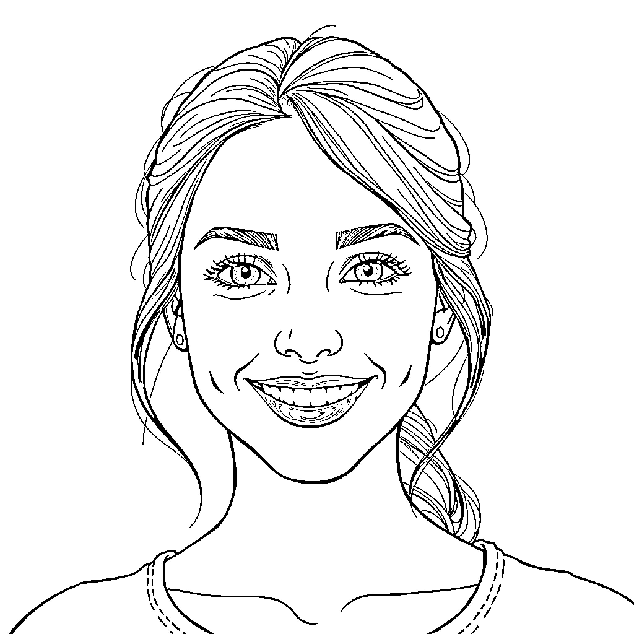 Woman with Stylish Braided Hairstyle and Friendly Expression Coloring Page (free black-and-white line drawing printable PDF for all, from beginners to advanced learners, including children, teens, adults, and seniors)