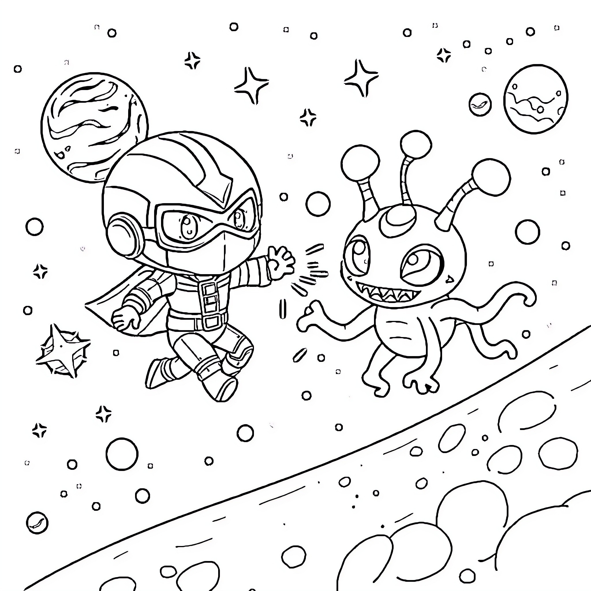 Superhero and alien exploring the cosmos Coloring Page (free black-and-white line drawing printable PDF for all, from beginners to advanced learners, including children, teens, adults, and seniors)