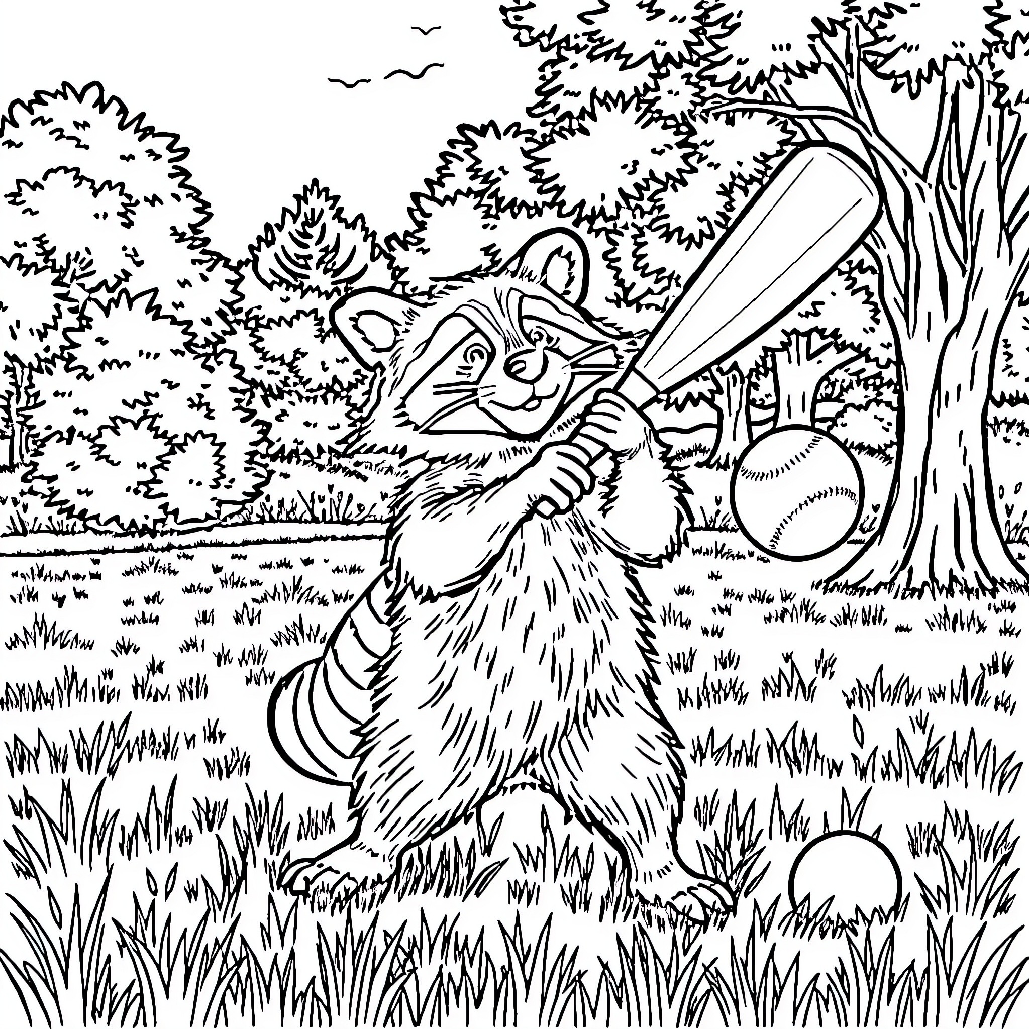 Raccoon playing with baseball in the forest Coloring Page (free black-and-white line drawing printable PDF for all, from beginners to advanced learners, including children, teens, adults, and seniors)