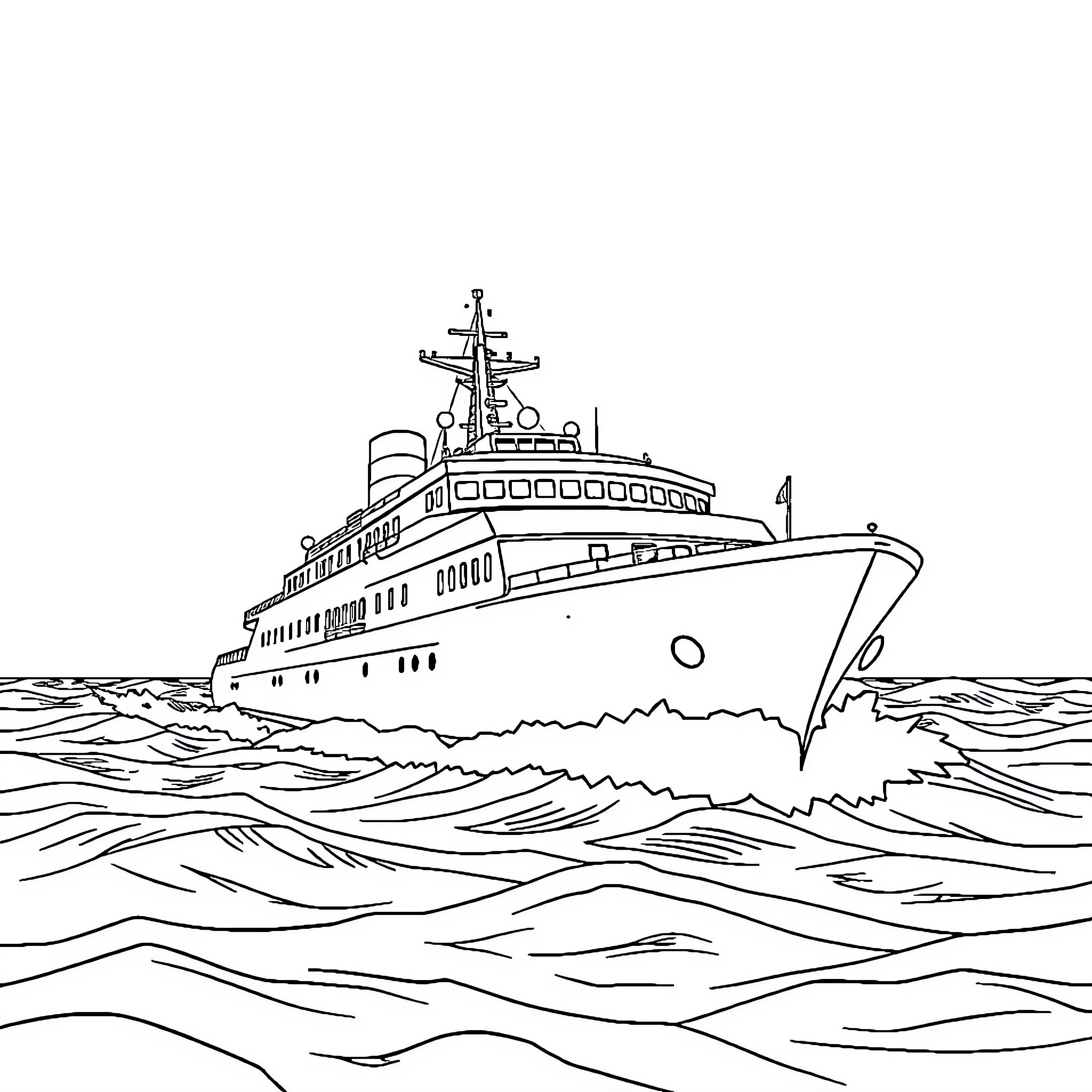 Ship sailing through rough waves Coloring Page (free black-and-white line drawing printable PDF for all, from beginners to advanced learners, including children, teens, adults, and seniors)