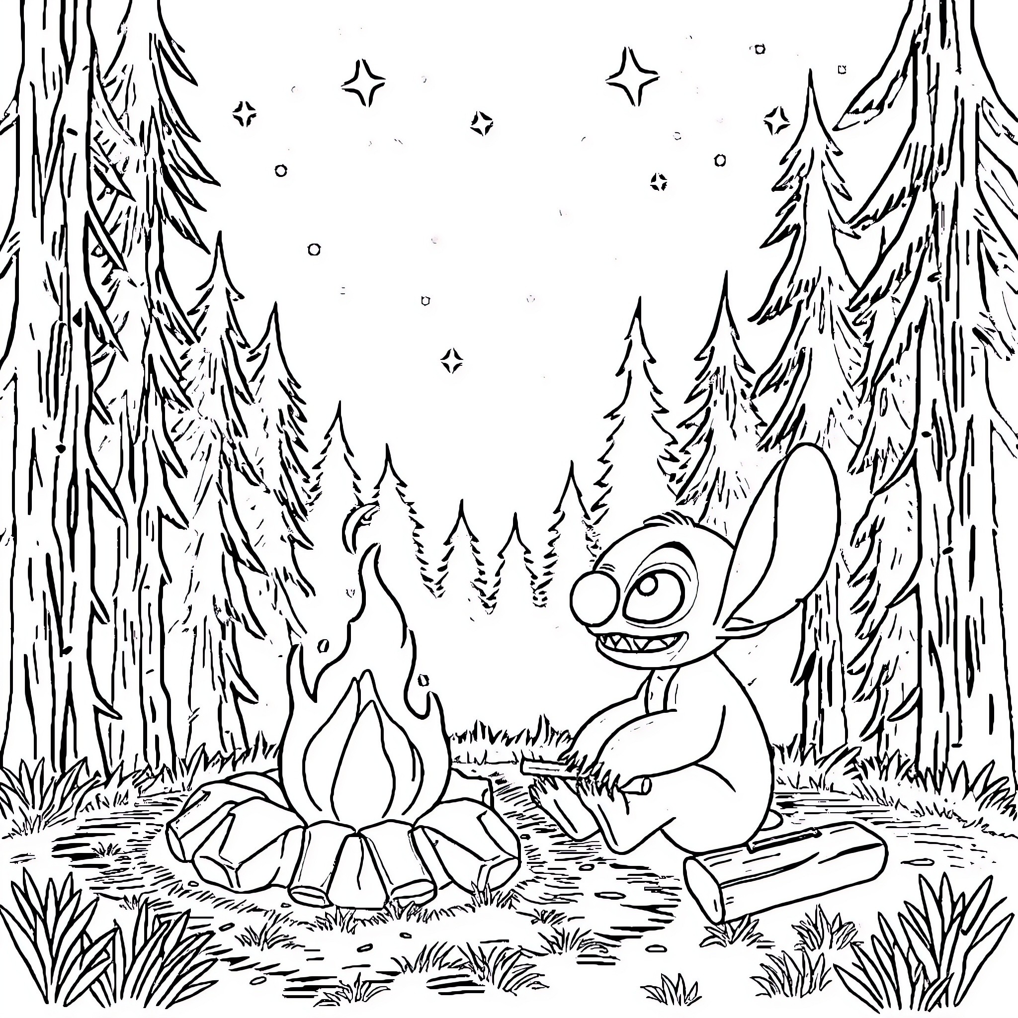 Stitch exploring the enchanted forest Coloring Page (free black-and-white line drawing printable PDF for all, from beginners to advanced learners, including children, teens, adults, and seniors)