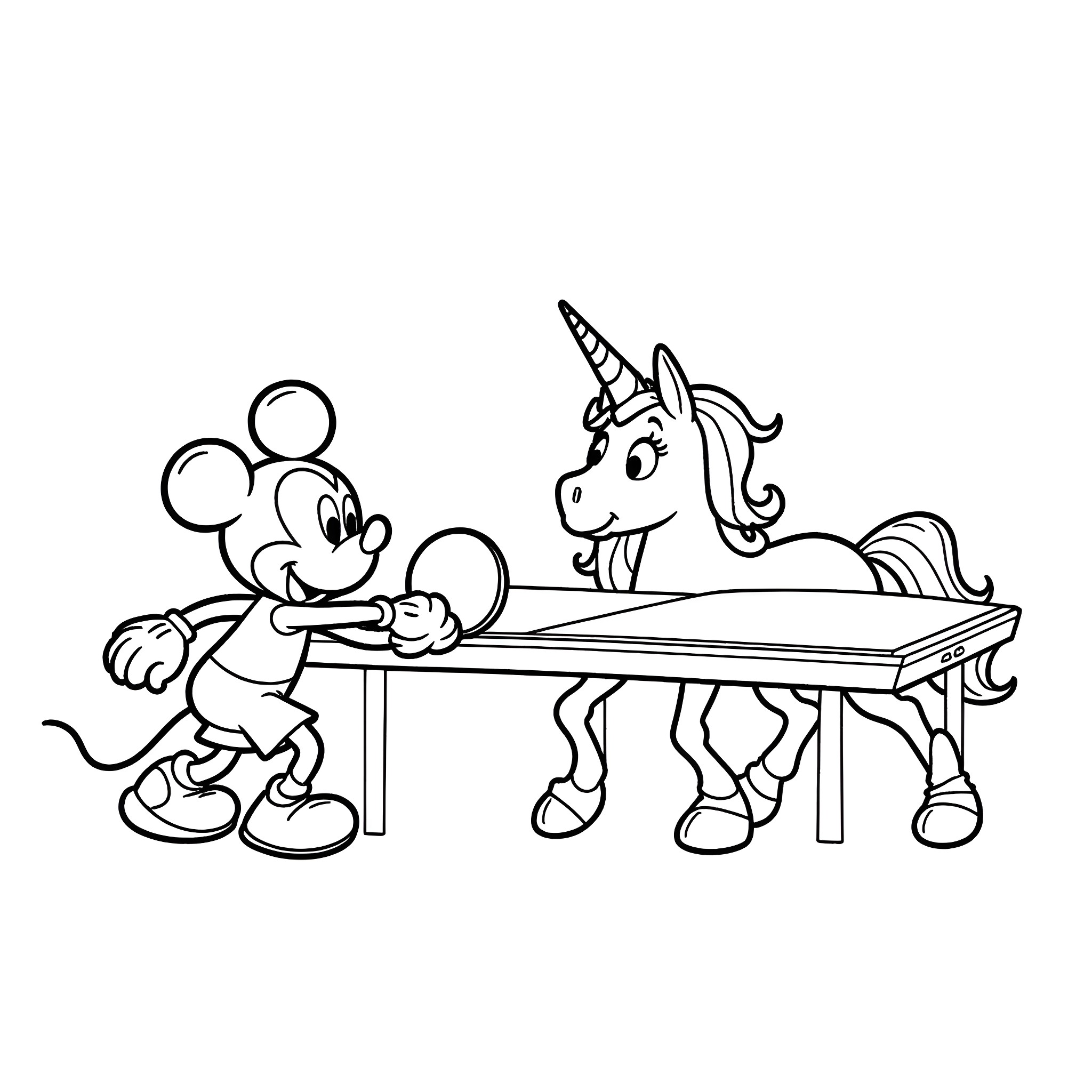 Mickey Mouse Drawing with Unicorn Coloring Page (free black-and-white line drawing printable PDF for all, from beginners to advanced learners, including children, teens, adults, and seniors)