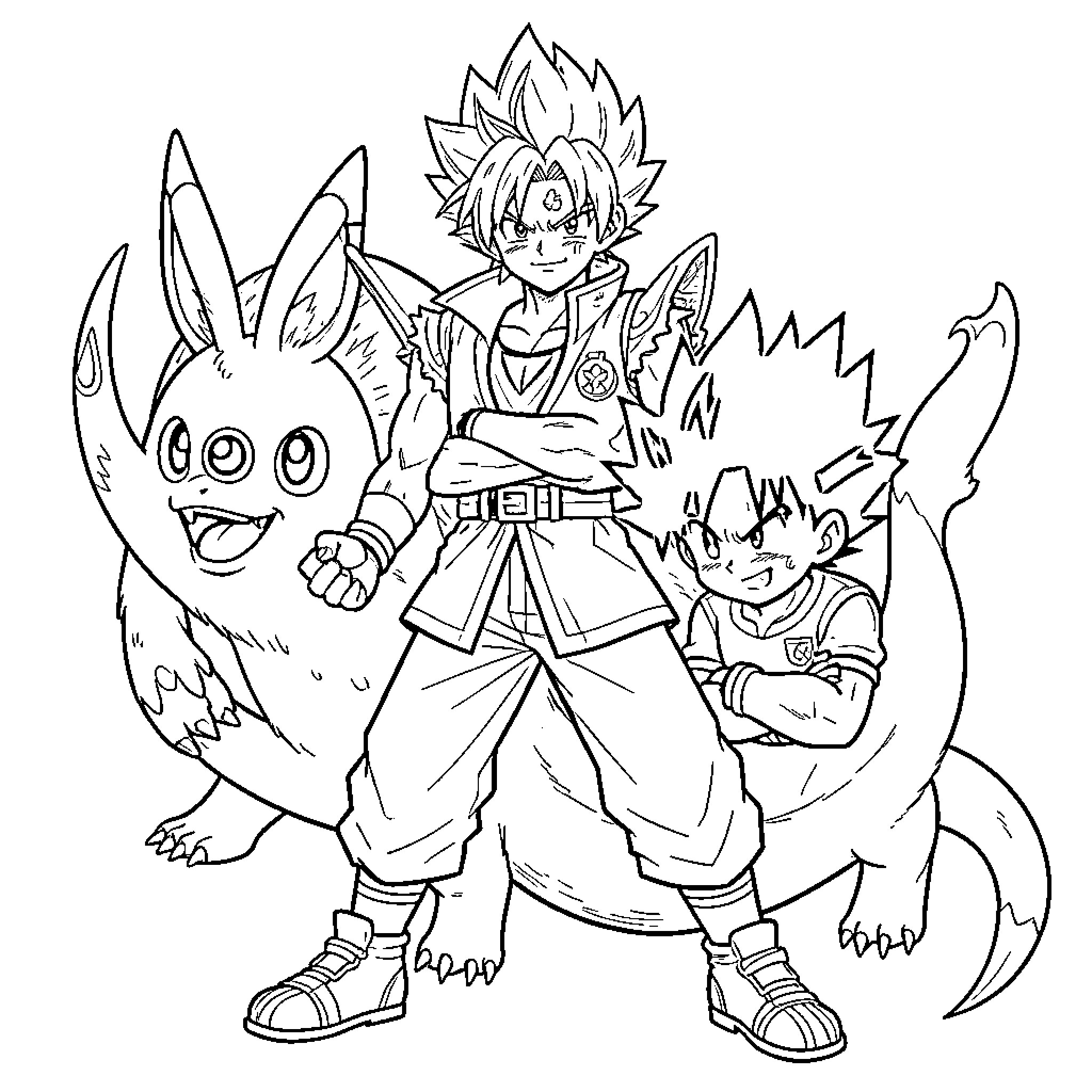 Sanji standing confidently with two cartoon creatures Coloring Page (free black-and-white line drawing printable PDF for all, from beginners to advanced learners, including children, teens, adults, and seniors)