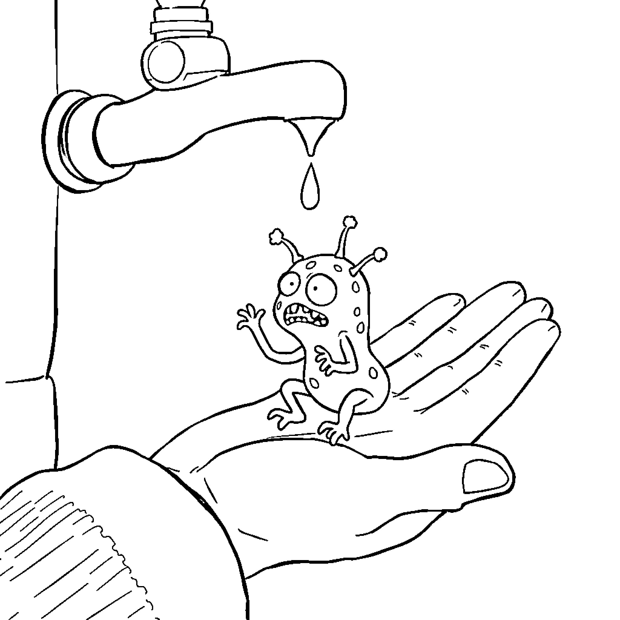Bacteria harming human's hand Coloring Page (free black-and-white line drawing printable PDF for all, from beginners to advanced learners, including children, teens, adults, and seniors)