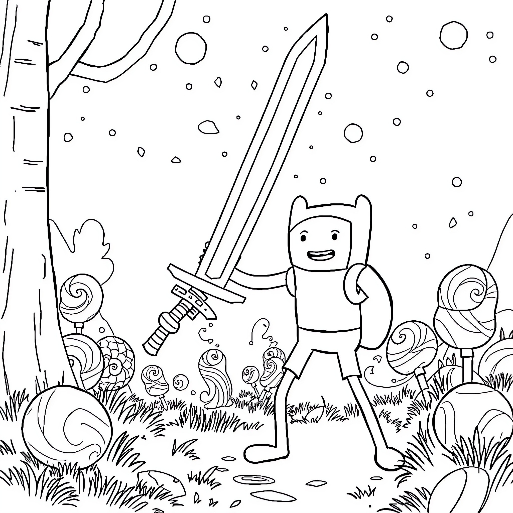 Jake's Adventurous Sword Fight in the Enchanted Forest Coloring Page (free black-and-white line drawing printable PDF for all, from beginners to advanced learners, including children, teens, adults, and seniors)