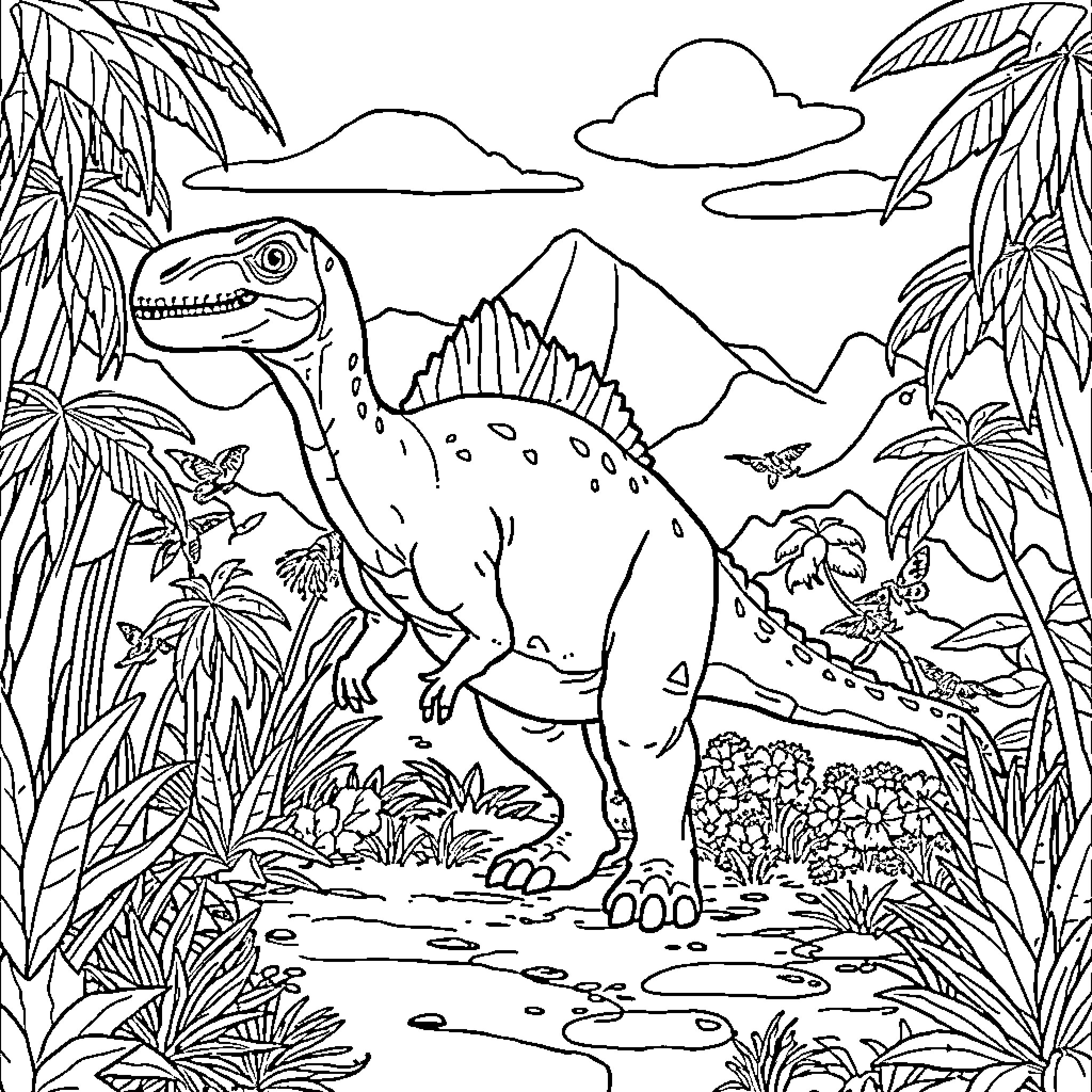 Vancleavea dinosaurs in prehistoric landscape Coloring Page (free black-and-white line drawing printable PDF for all, from beginners to advanced learners, including children, teens, adults, and seniors)