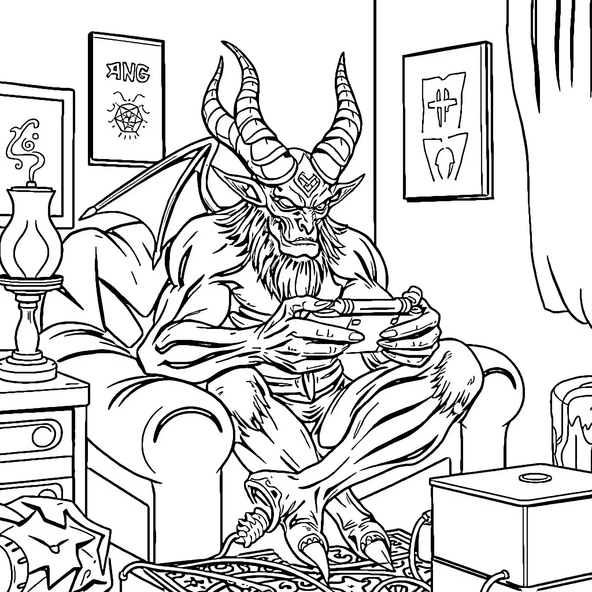 Baphomet relaxing in an occult-themed room Coloring Page (free black-and-white line drawing printable PDF for all, from beginners to advanced learners, including children, teens, adults, and seniors)