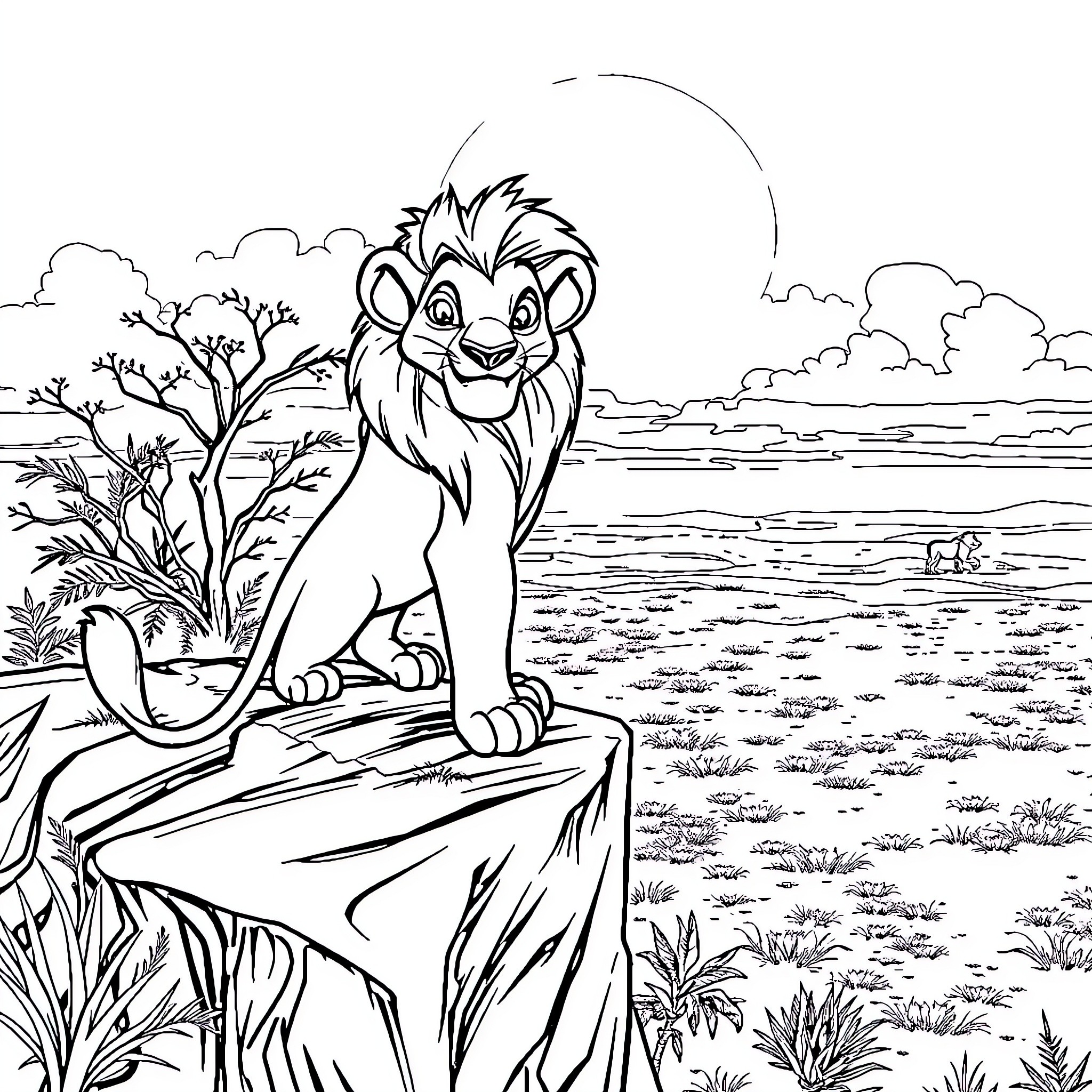 Lion on a cliff overlooking the savanna landscape Coloring Page (free black-and-white line drawing printable PDF for all, from beginners to advanced learners, including children, teens, adults, and seniors)